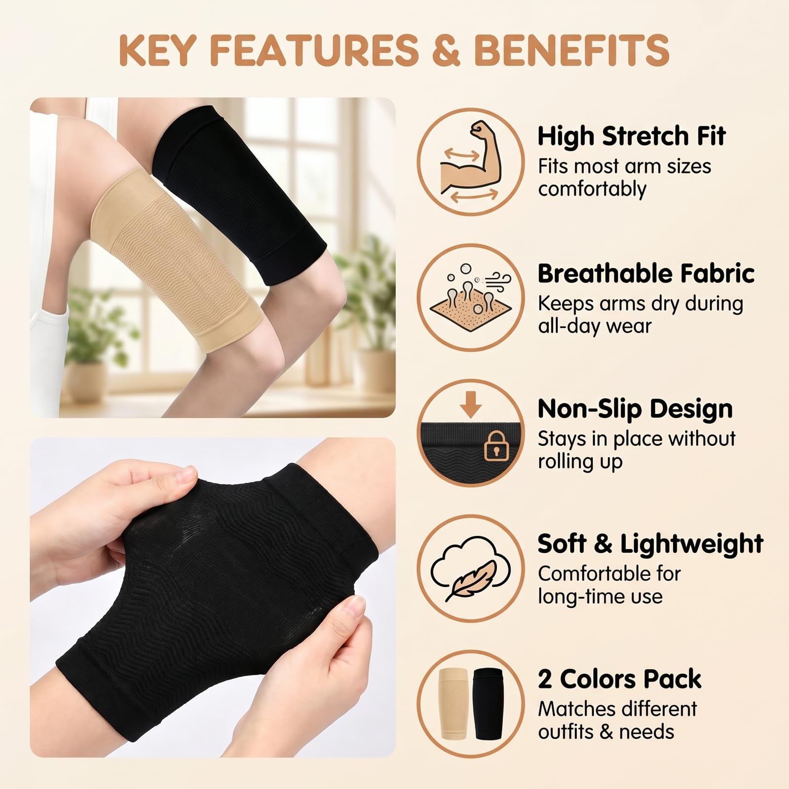 Happyupcity 2 Pairs Arm 9.3×20 Cm/3.7×7.9 Inch, Black + Skin Color