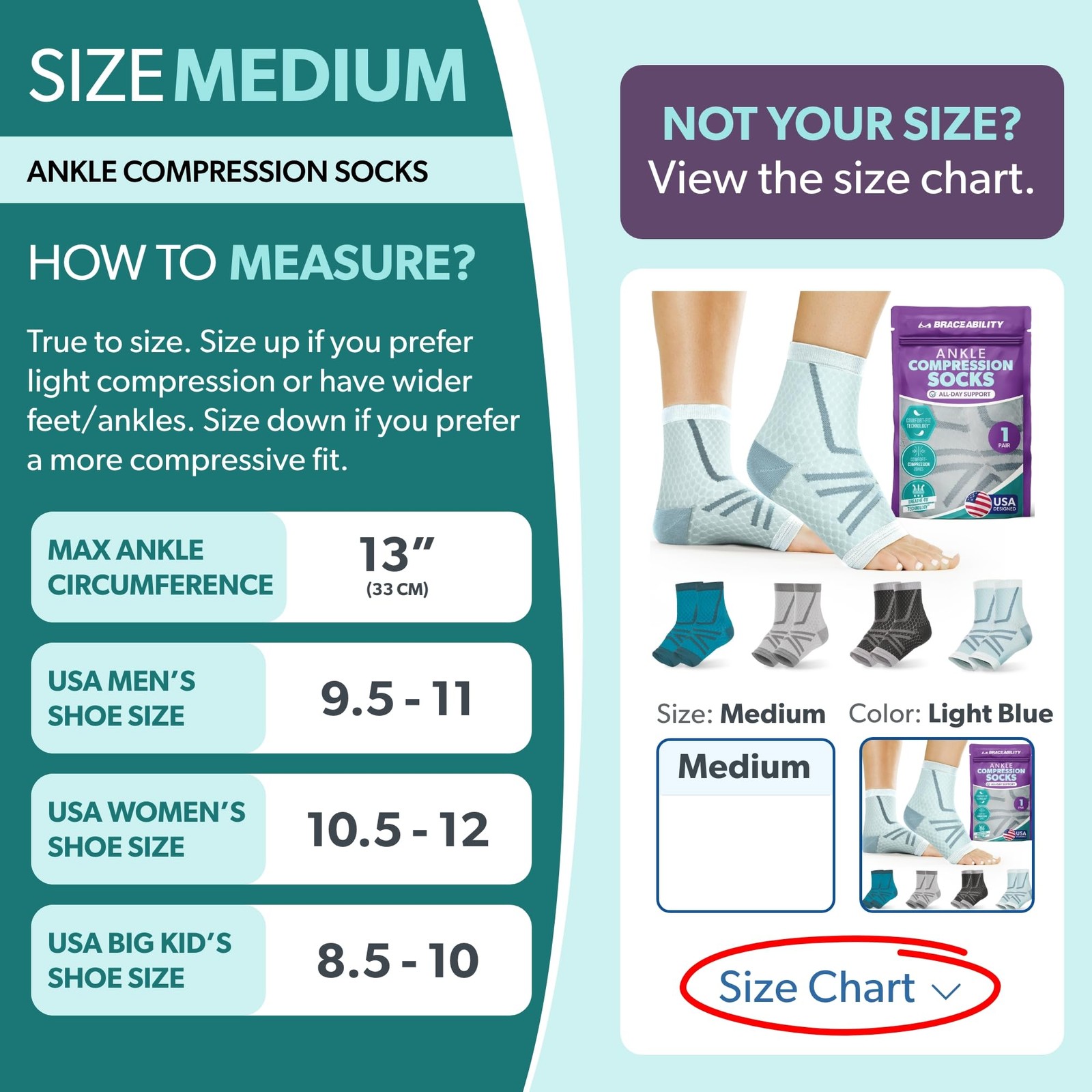 Athletic Ankle Compression Socks Toeless Brace Sleeves Sports M Light Blue