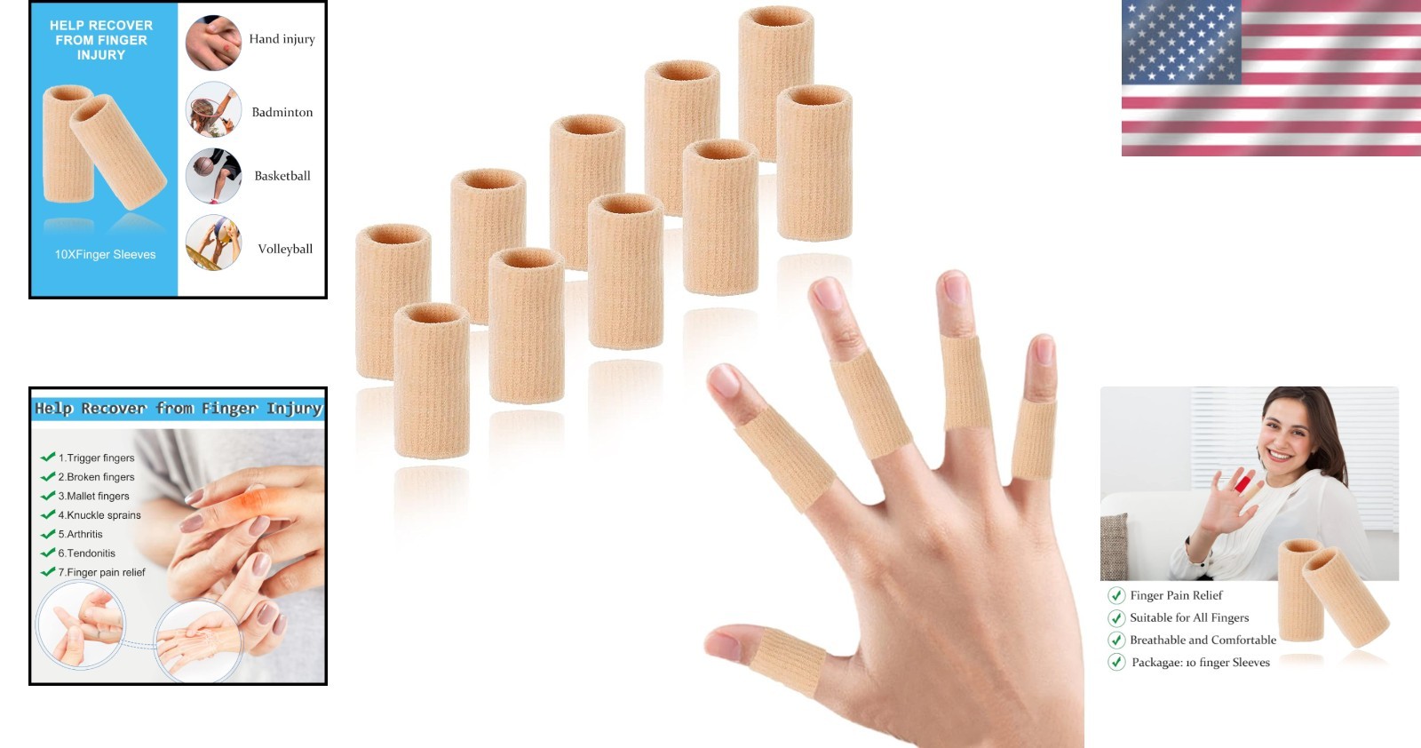 Breathable Finger Compression Sleeves for Arthritis Relief – 10 Pack in Beige