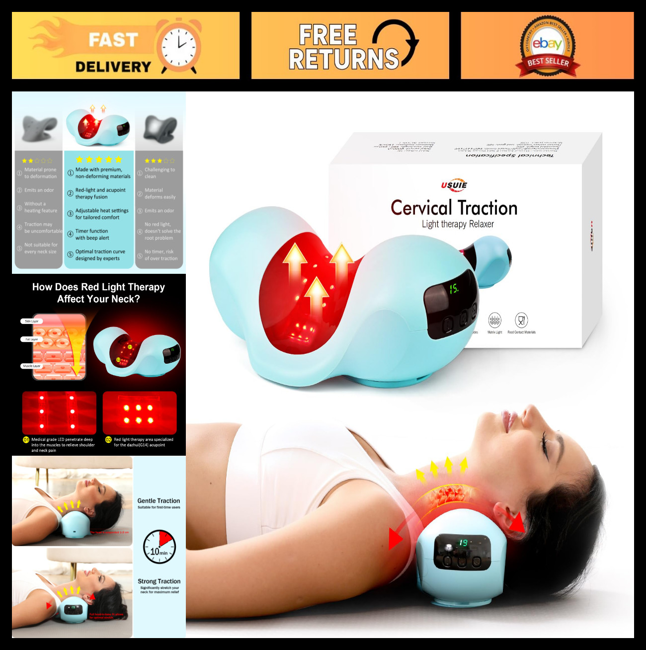 Neck Traction Pillow for Pain Relief – Red Light Therapy Neck Stretcher & Cervic