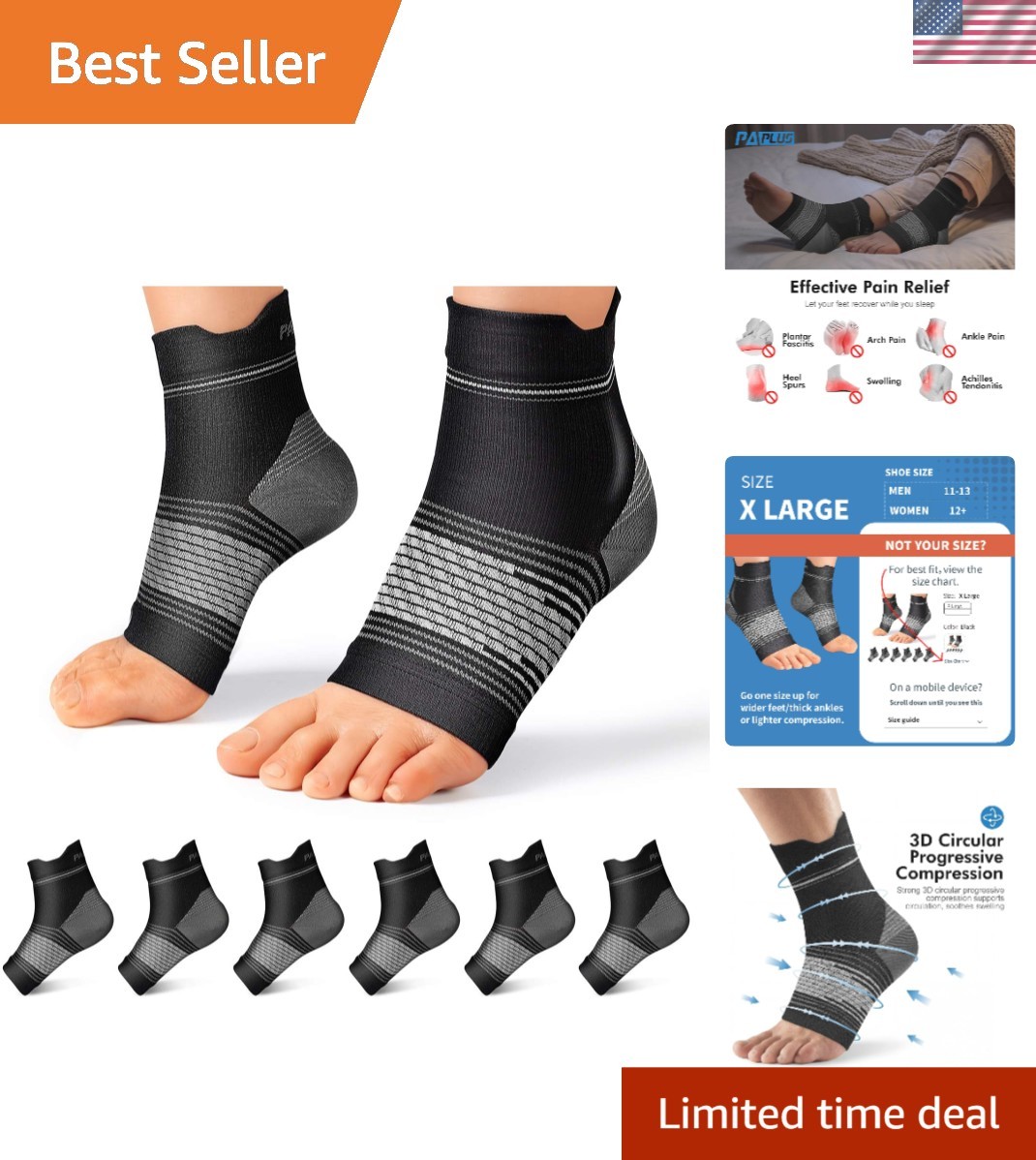 X-Large Plantar Fasciitis Compression Socks – 6 Pairs for Heel Pain & Comfort