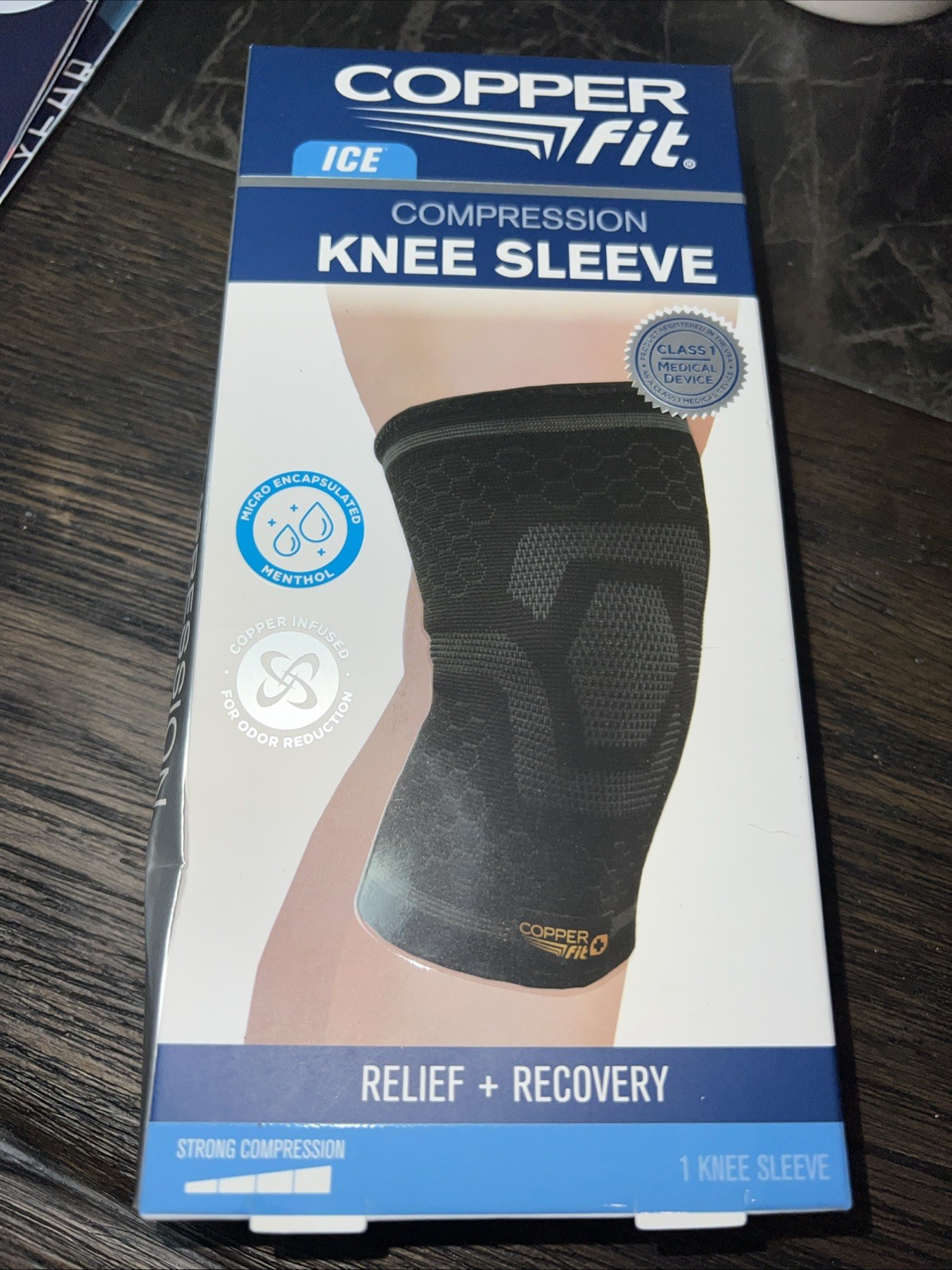Copper Fit( Ice) Knee Compression Sleeve Infused Menthol S/M 12”-16” ….B
