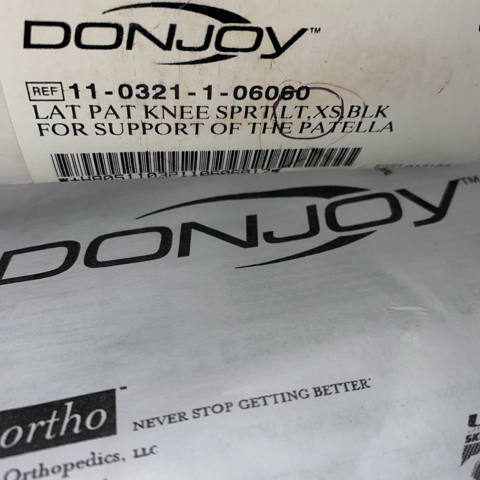 Donjoy Lat Pat Knee Sprt, LT, X-Small BLK for support of the Patella Left New