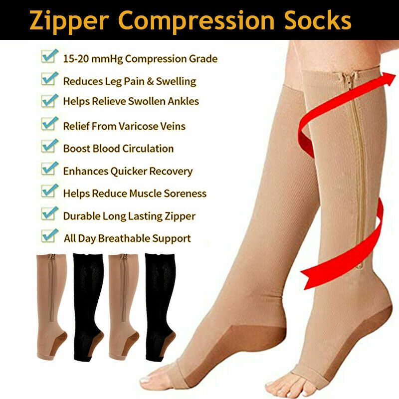 Compression Socks Zipper Pressure Men Women Long Stockings Pain Relief Leg S-XXL