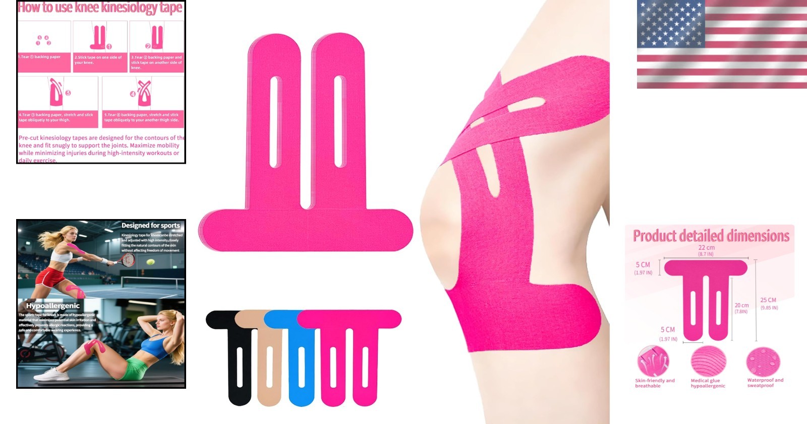 Dynamic Precut Knee Kinesiology Tape for Sports – Elastic & Waterproof 6 Count