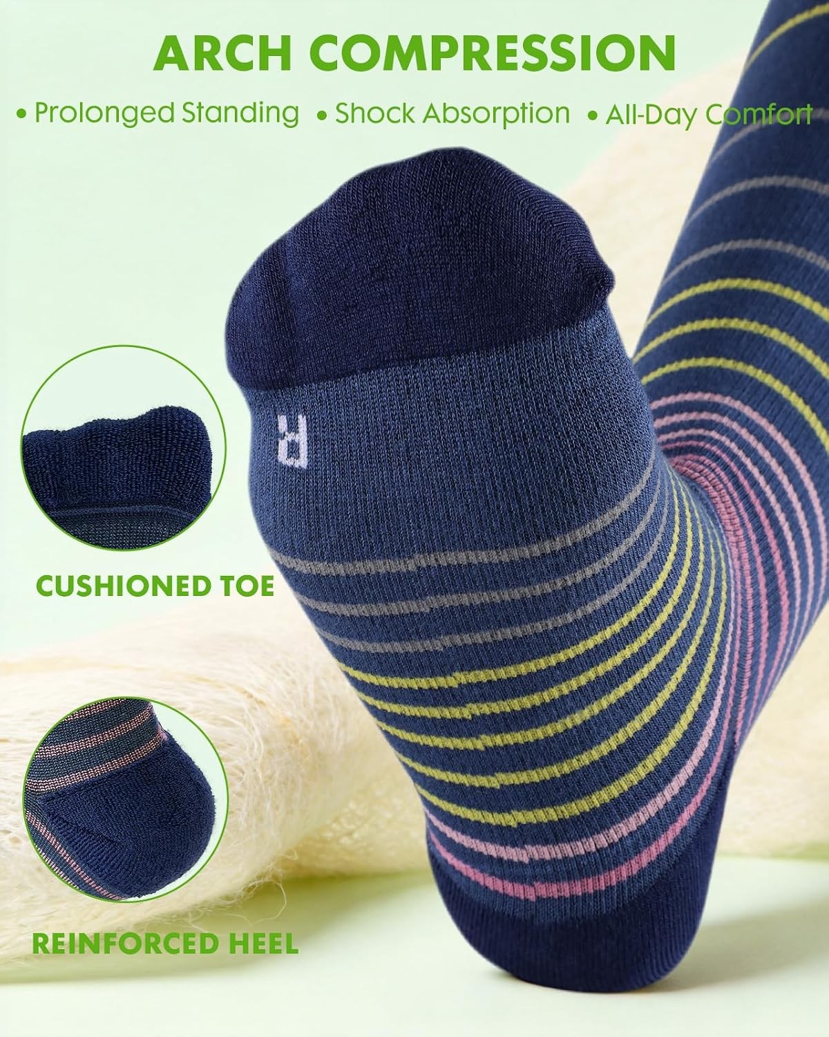 Wide Calf Bamboo Women’s Compression Socks XXL Stripe Arch Support