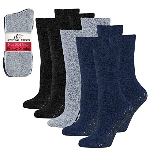 5/6 Pairs Non-slip Hospital Socks Fuzzy Slipper Large 5 Pairs Grey/Navy/Black