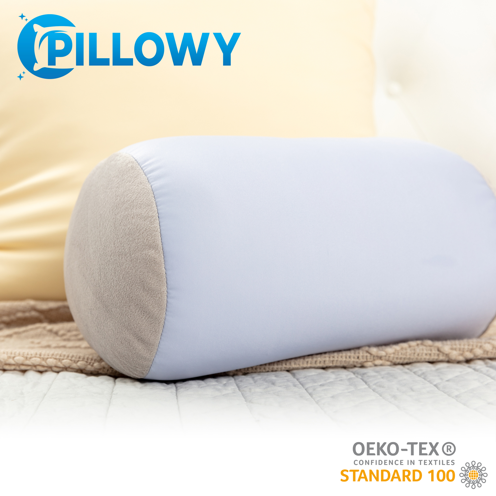 Microbead Bolster Neck Roll Pillow – Silky Feel, 14″ x 8″, Silver Mist