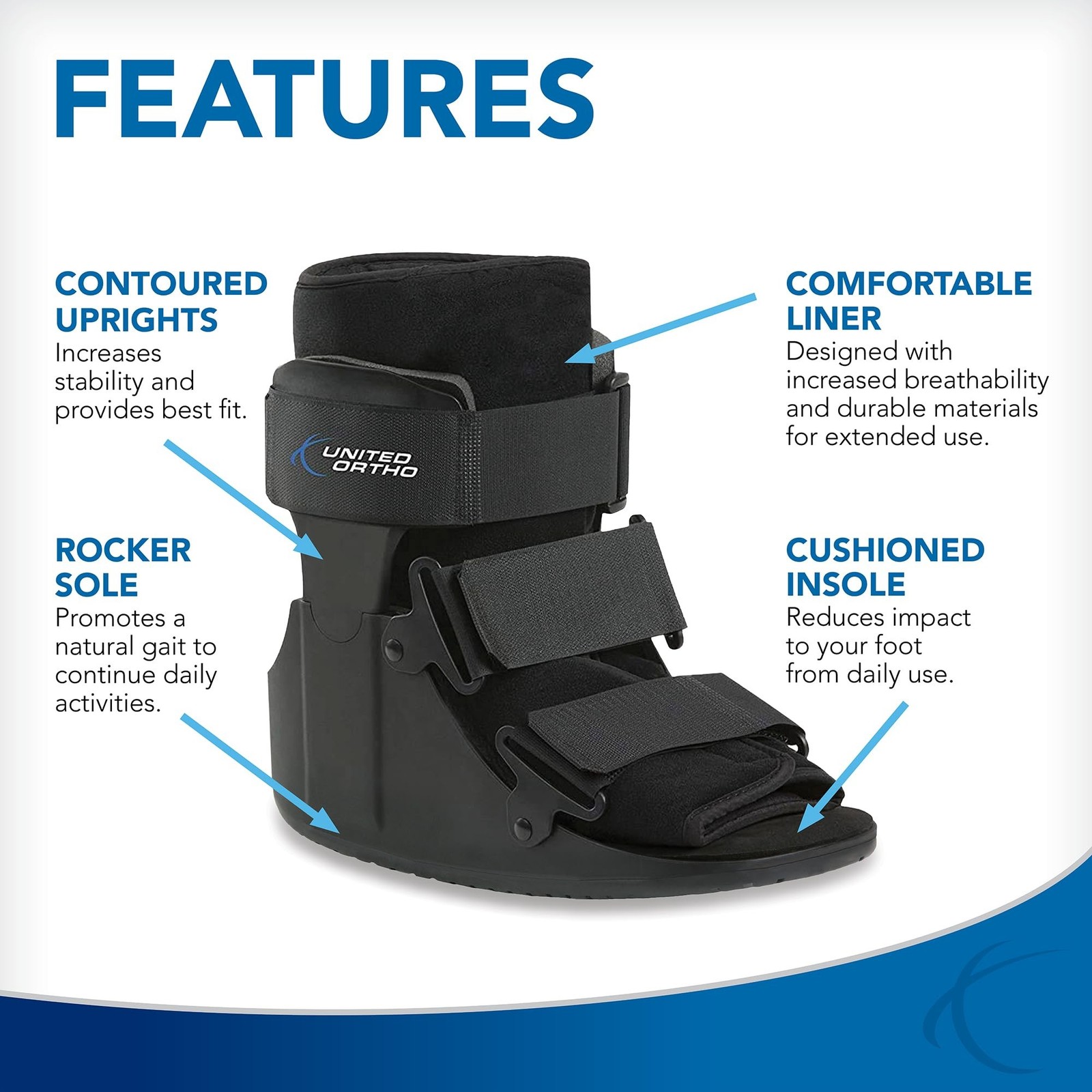 United Ortho USA14011 Short Cam Walker Fracture Boot, Extra Small, Black Shoe