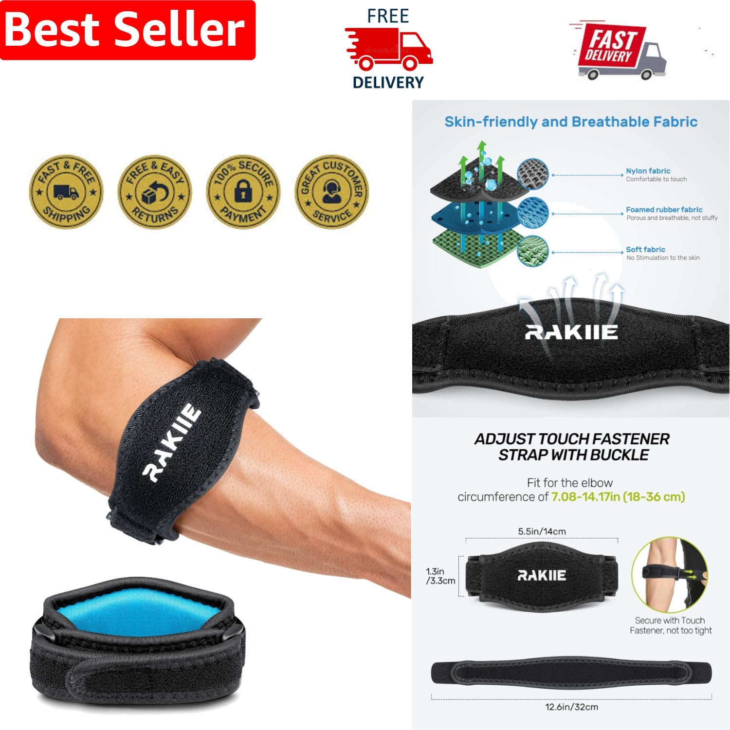 Adjustable Elbow Brace for Tendonitis Relief – Lightweight and Durable Support