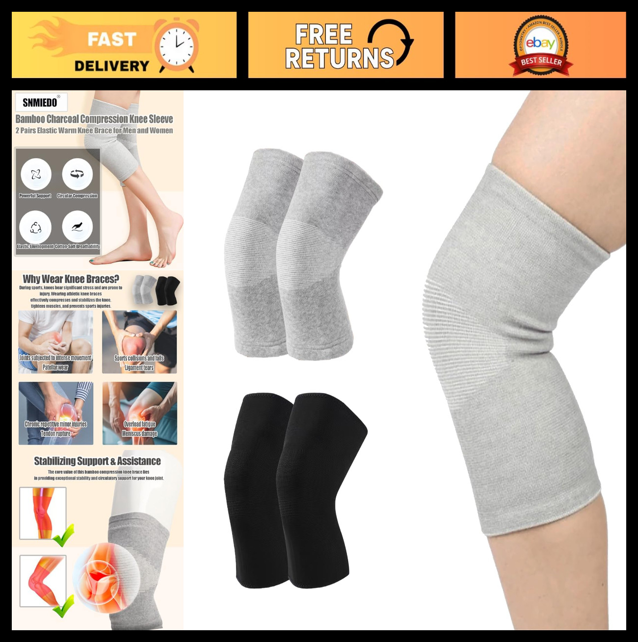 Compression Knee Sleeve – 2 Pairs Bamboo Charcoal Elastic Warm Brace for Arthrit