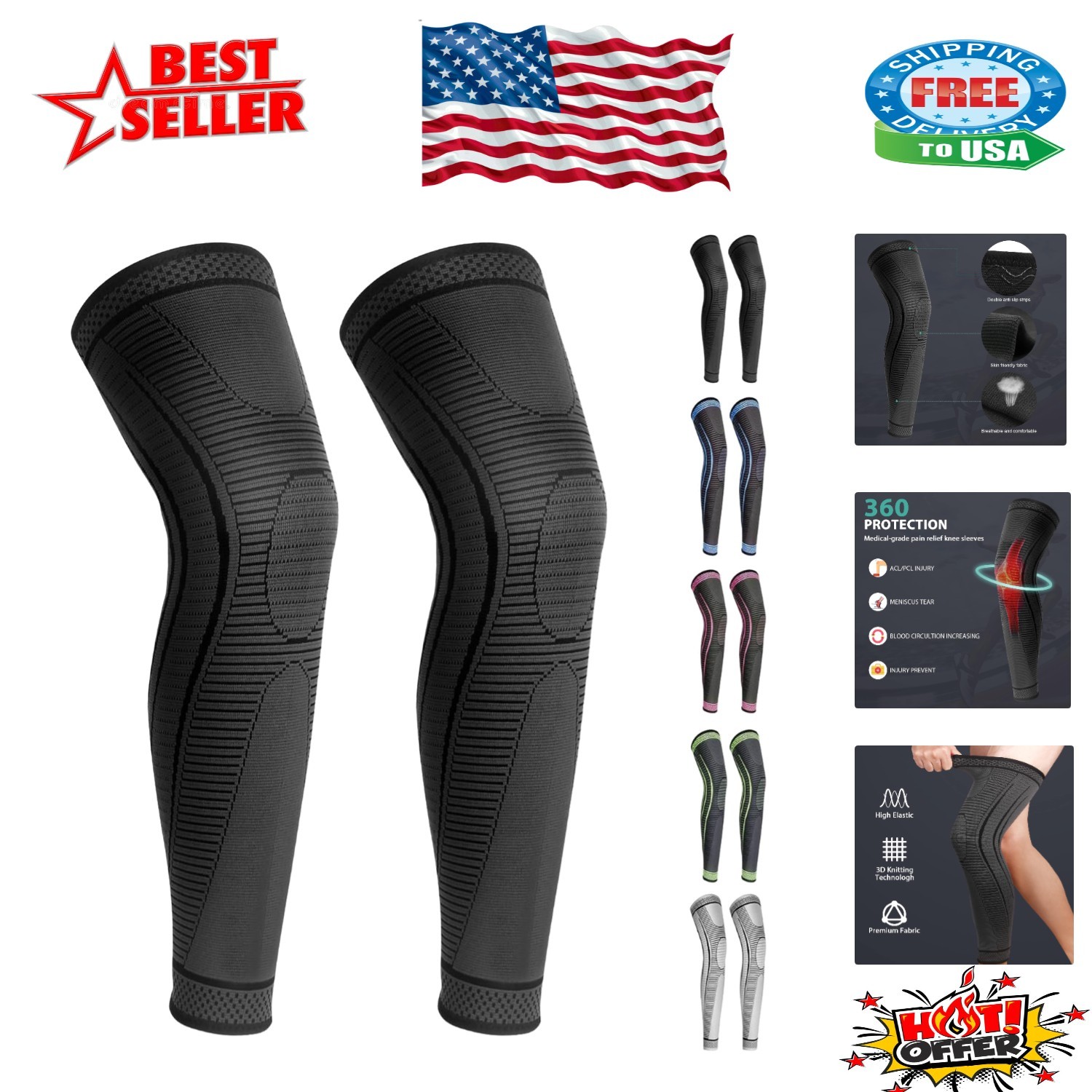 XX-Large Long Knee Compression Sleeves – 2 Pack with Efficient Blood Circulation