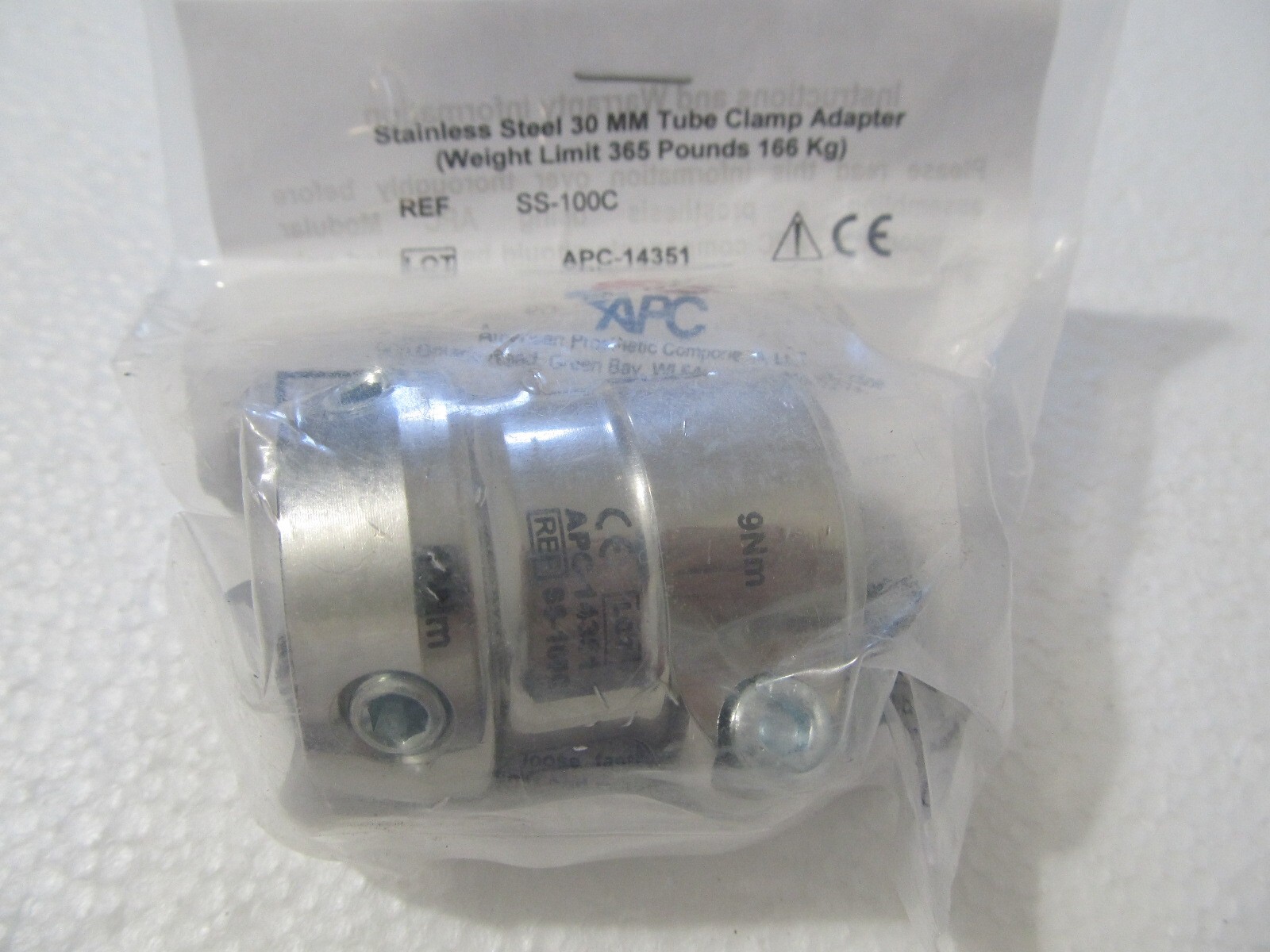 APC SS-100C Prosthetic Stainless 30mm Tube Clamp Adapter, 365lb Weight Limit