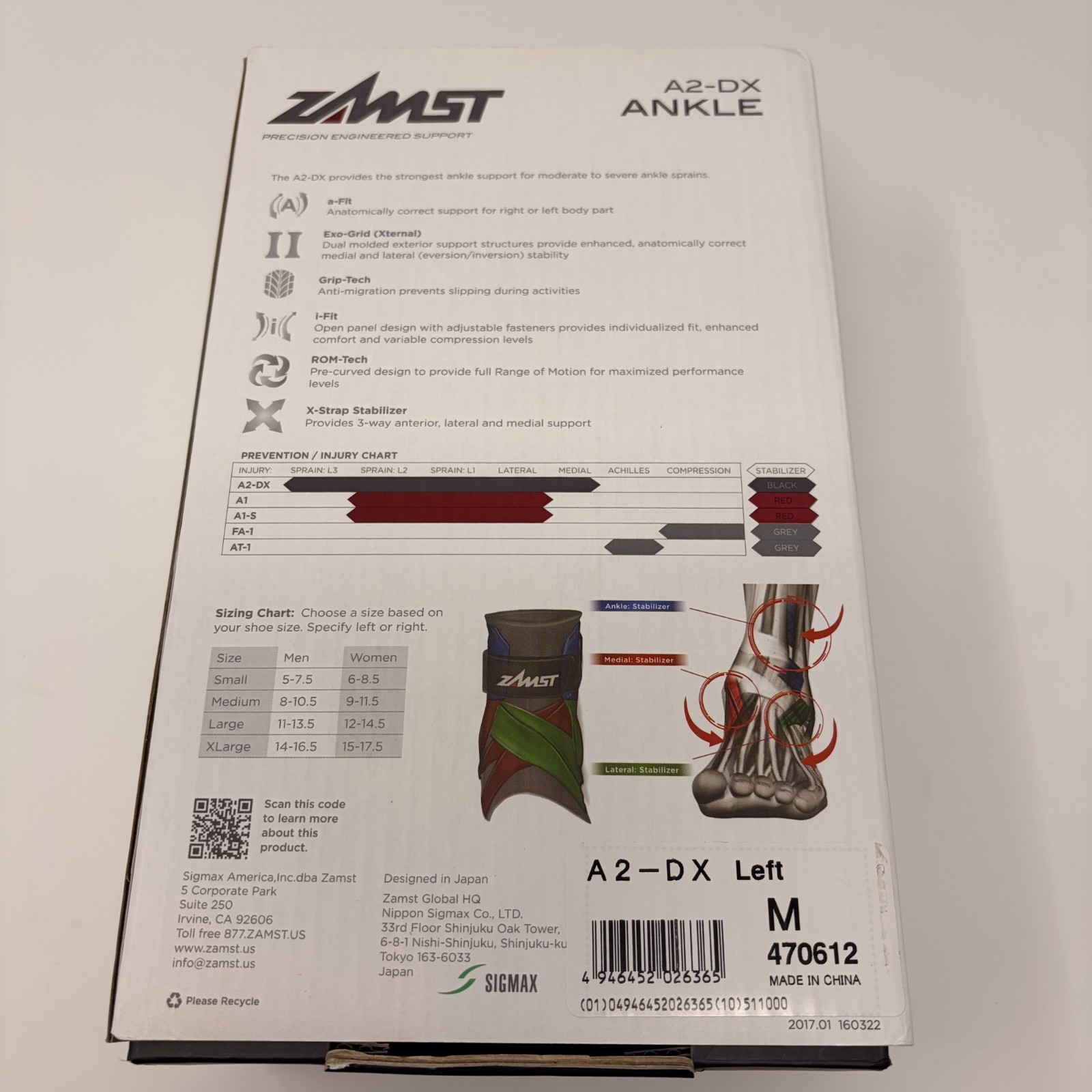 Original Version! Zamst A2-DX Ankle Brace – Left Medium