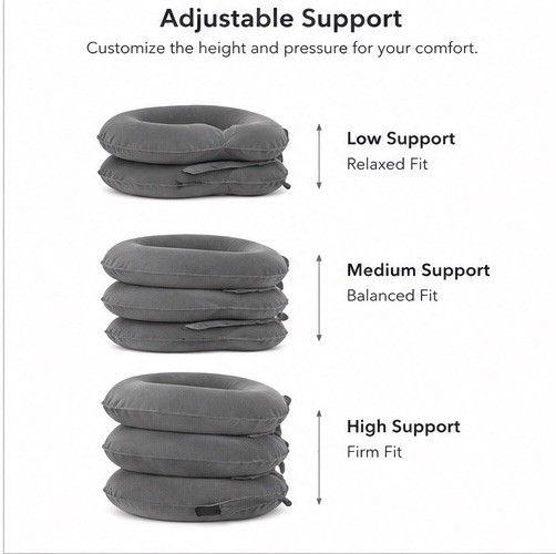 Adjustable Inflatable Neck Support Pillow Travel Home Office Comfort Gray