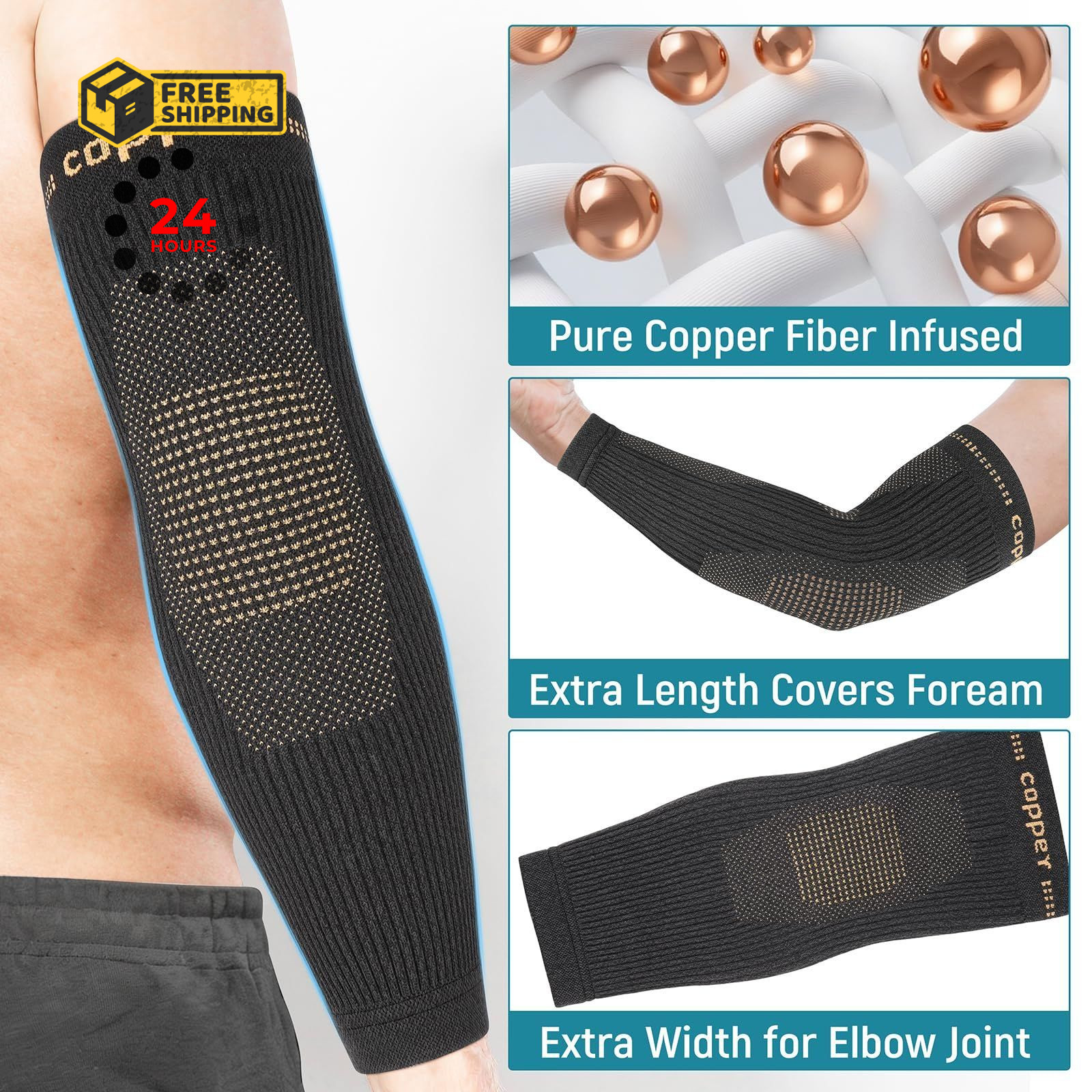 Vlela Copper Elbow Compression Sleeve – Tennis & Golfers Medium, Black