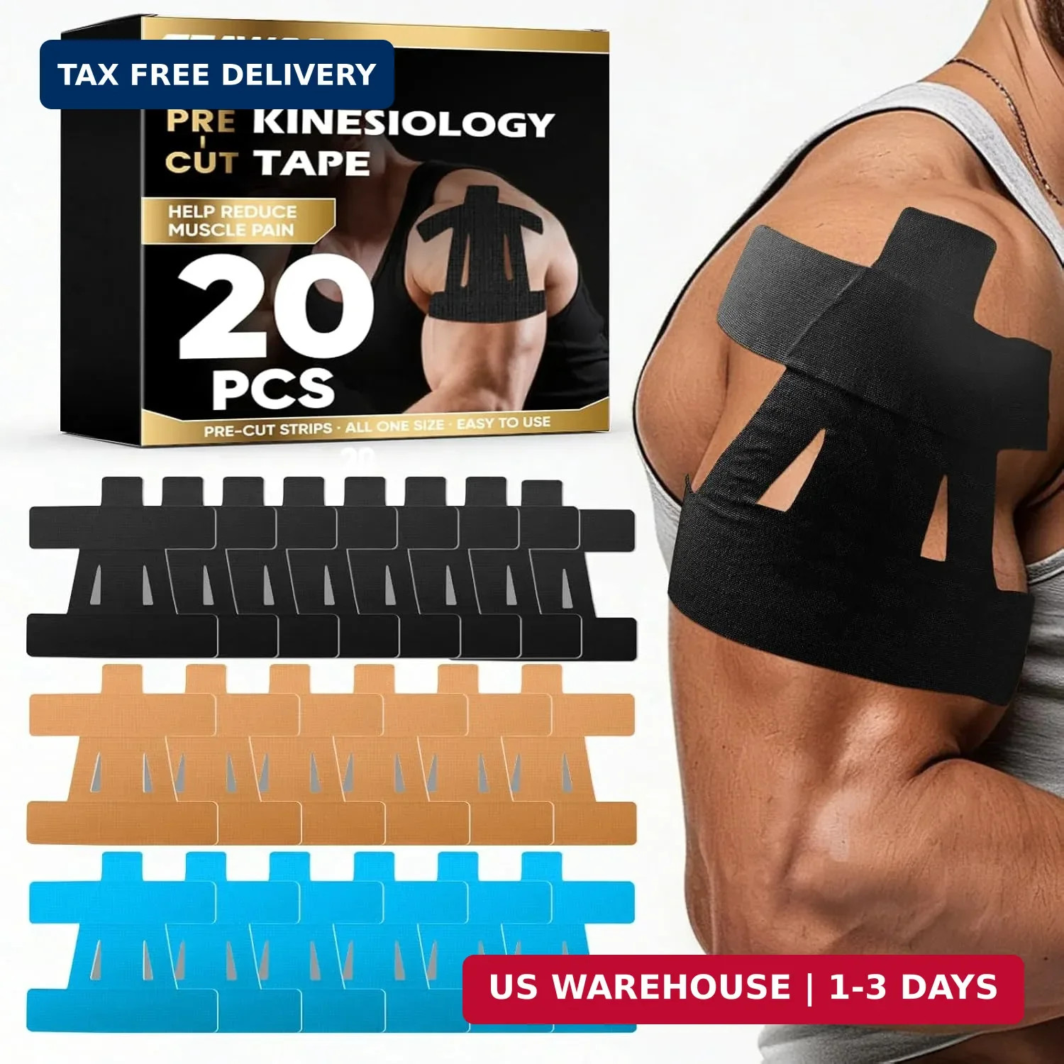 PreCut Kinesiology Tape for Shoulder (20 Pcs) – Waterproof Breathable Athleti, E