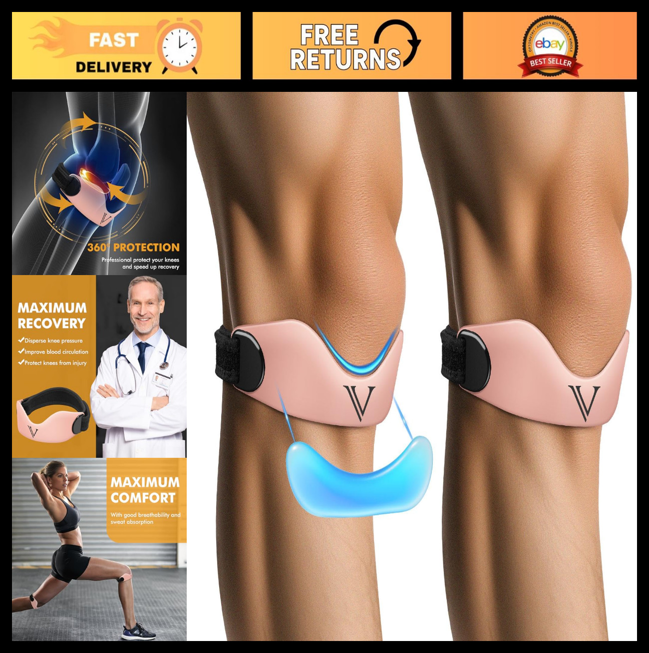 Adjustable Silicone Knee Brace Support Strap 2-Pack for Patellar Tendon Relief