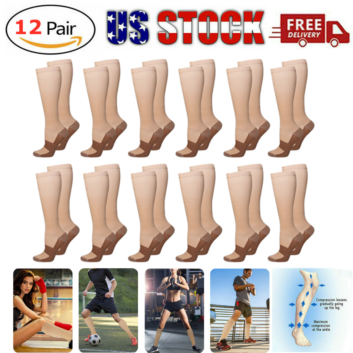 12 Pair Copper Infused Support Compression Socks 20-30mmHg Men Women S-XXL khaki