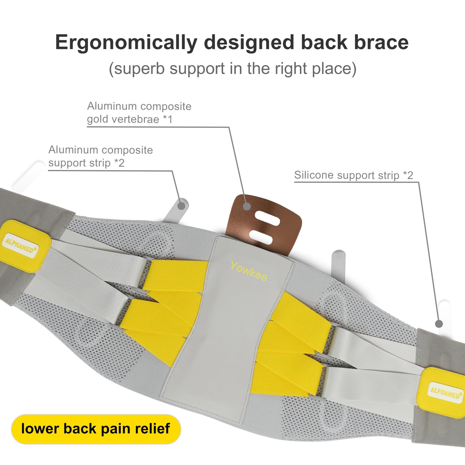 Yowkee Back Support Brace for Medium (Waist: 29.53~33.46inch), Grey