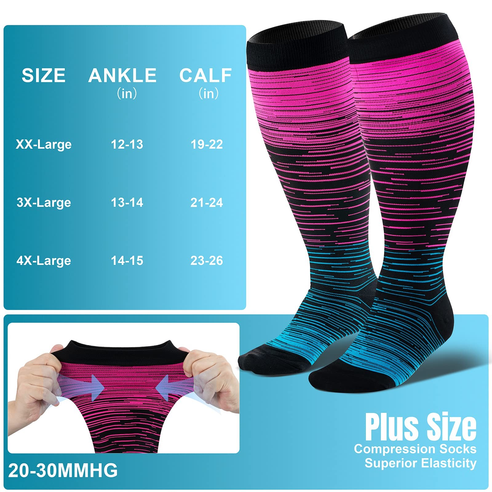 3 Pairs Plus Size Compression Socks Extra Wide Calf Women Men 2030mmHg