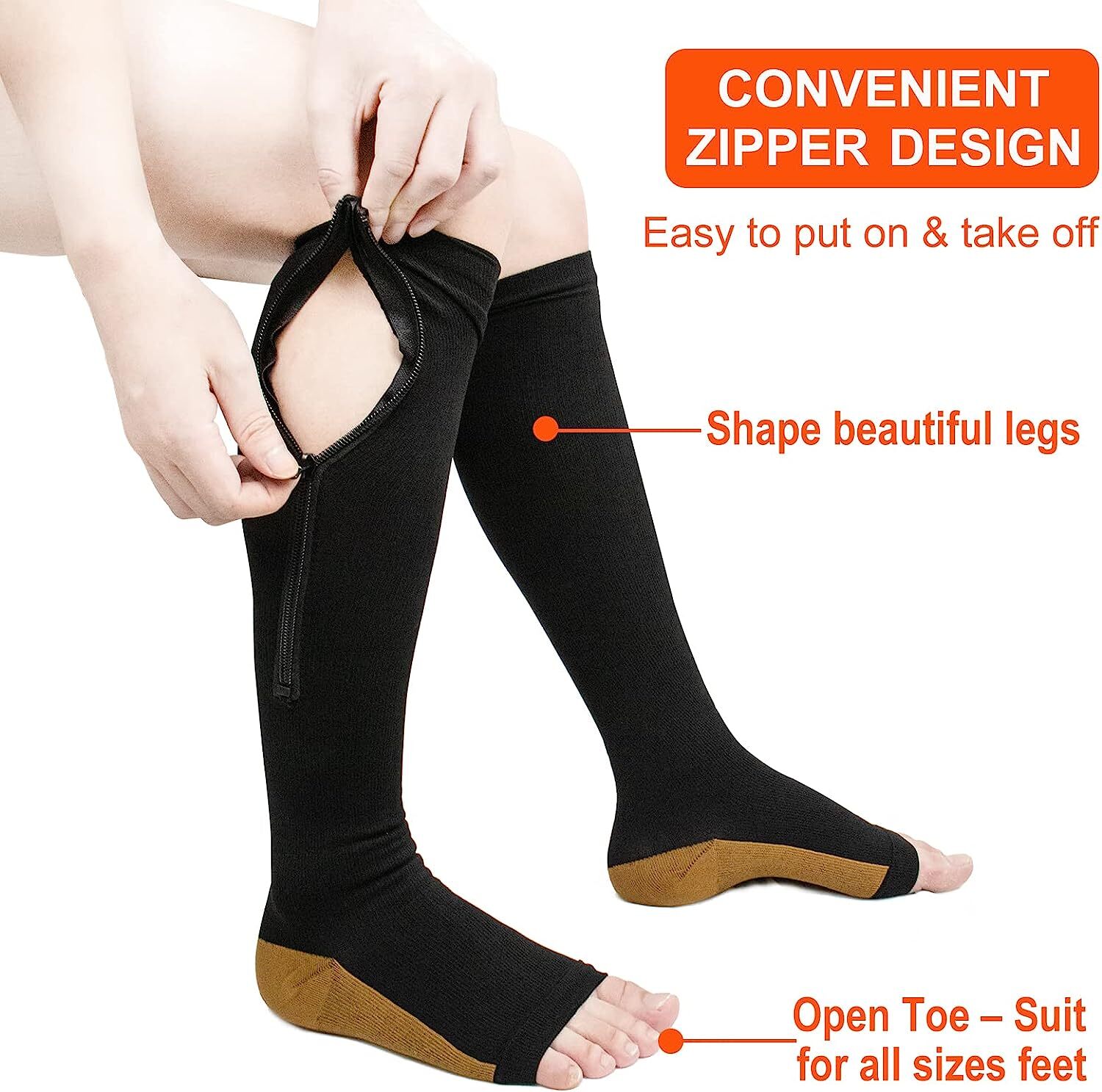 Zipper Compression Socks Support Anti-Fatigue Stockings Men Women 20-30mmHg 2PCS