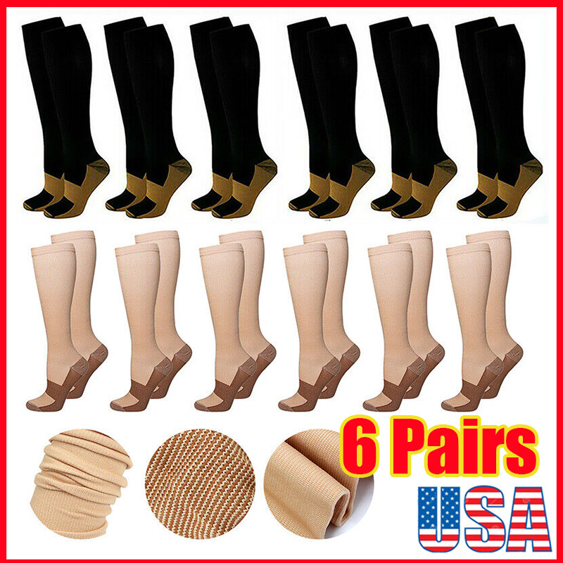 6 Pairs Copper Compression Socks 20-30mmHg Graduated Support Men’s Women’s S-XXL