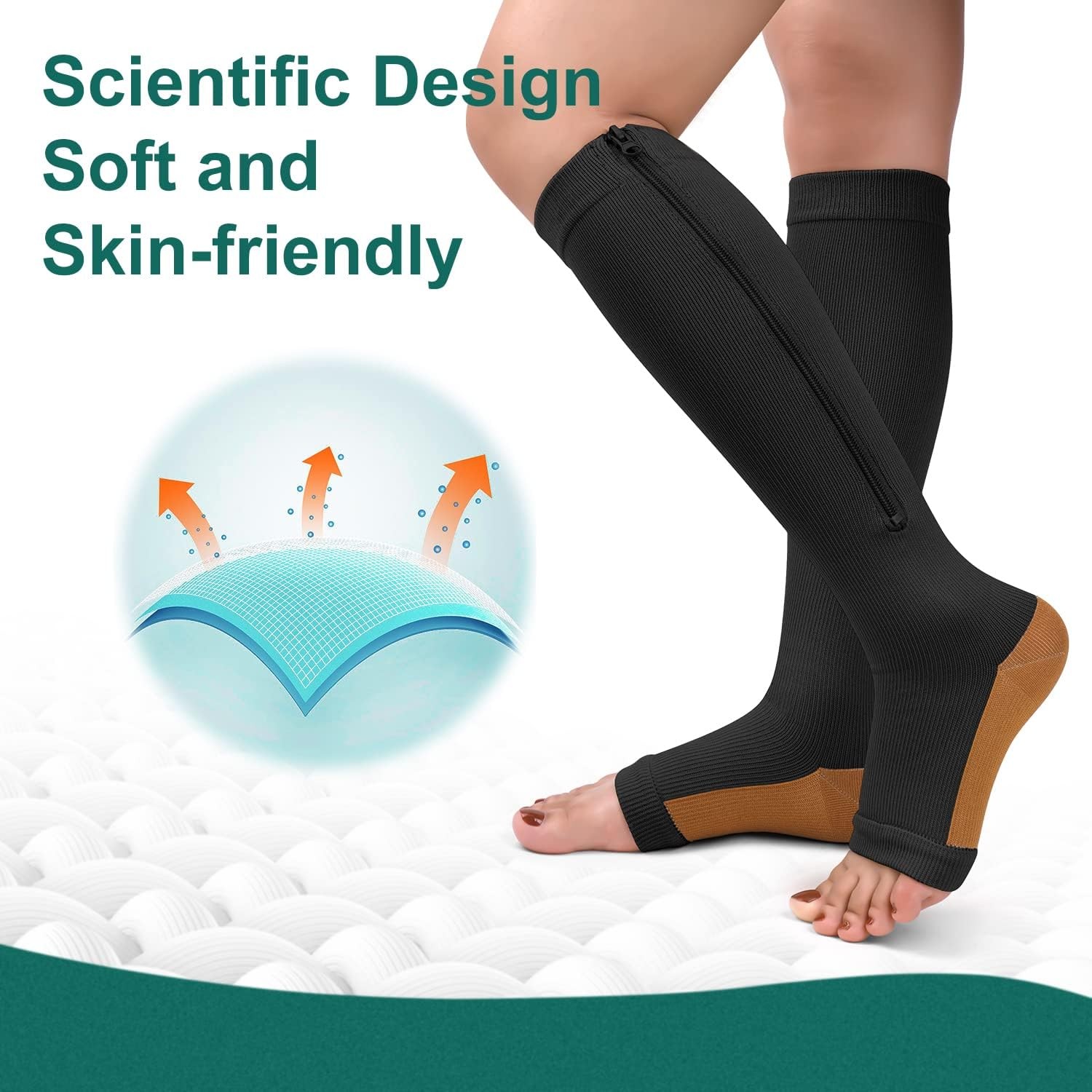 2 Pairs Copper Zipper Compression Socks, 15-20mmgh, Open Toe, Stocking