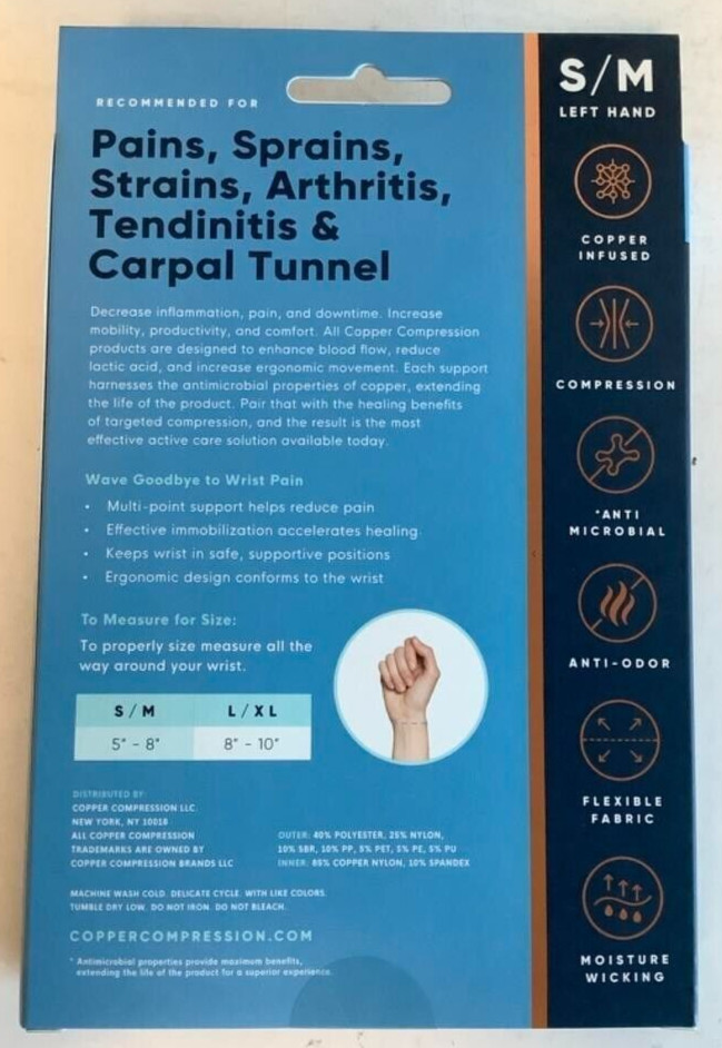 NEW Copper Compression Copper Infused SMALL/MEDIUM Left Hand Wrist Brace