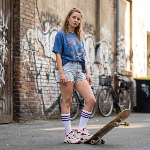 White Striped Socks, 80s Knee High Socks, Long Tube Sock with Red/White/Blue