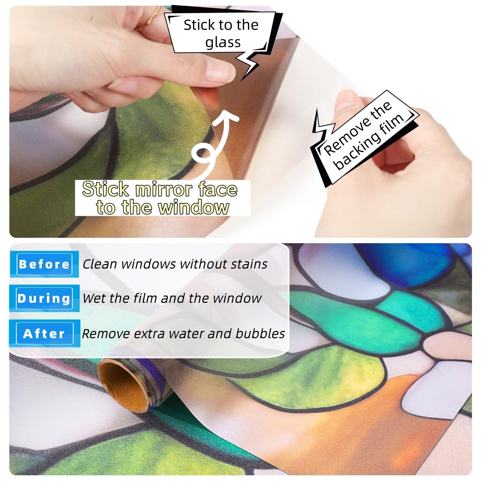 Stained Glass Window Film Floral Privacy Static Cling UV Heat Control 24×36, New