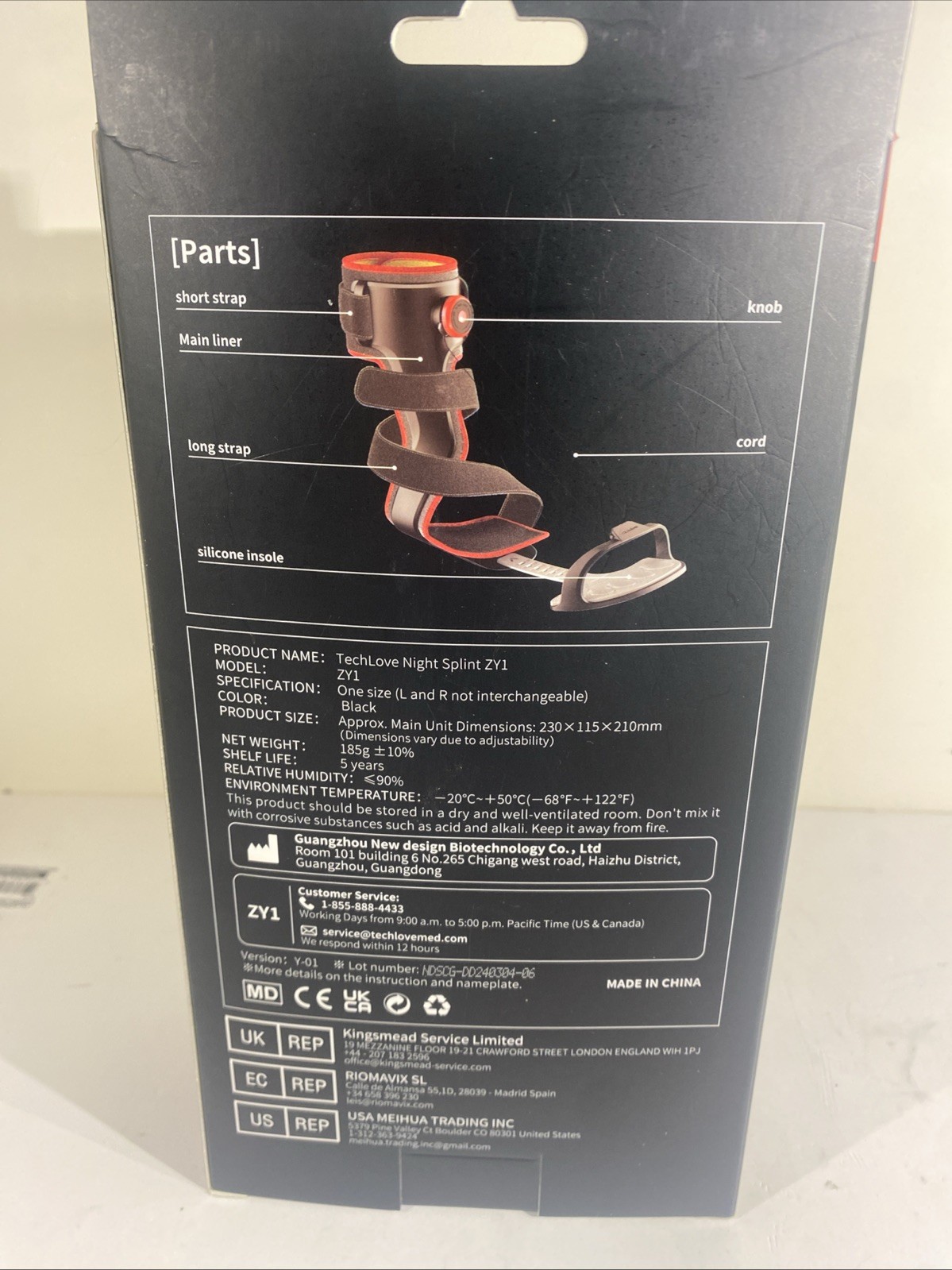 Tech Love Night Splint ZY1 Plantar Fasciitis Brace Left Foot Adjustable Large
