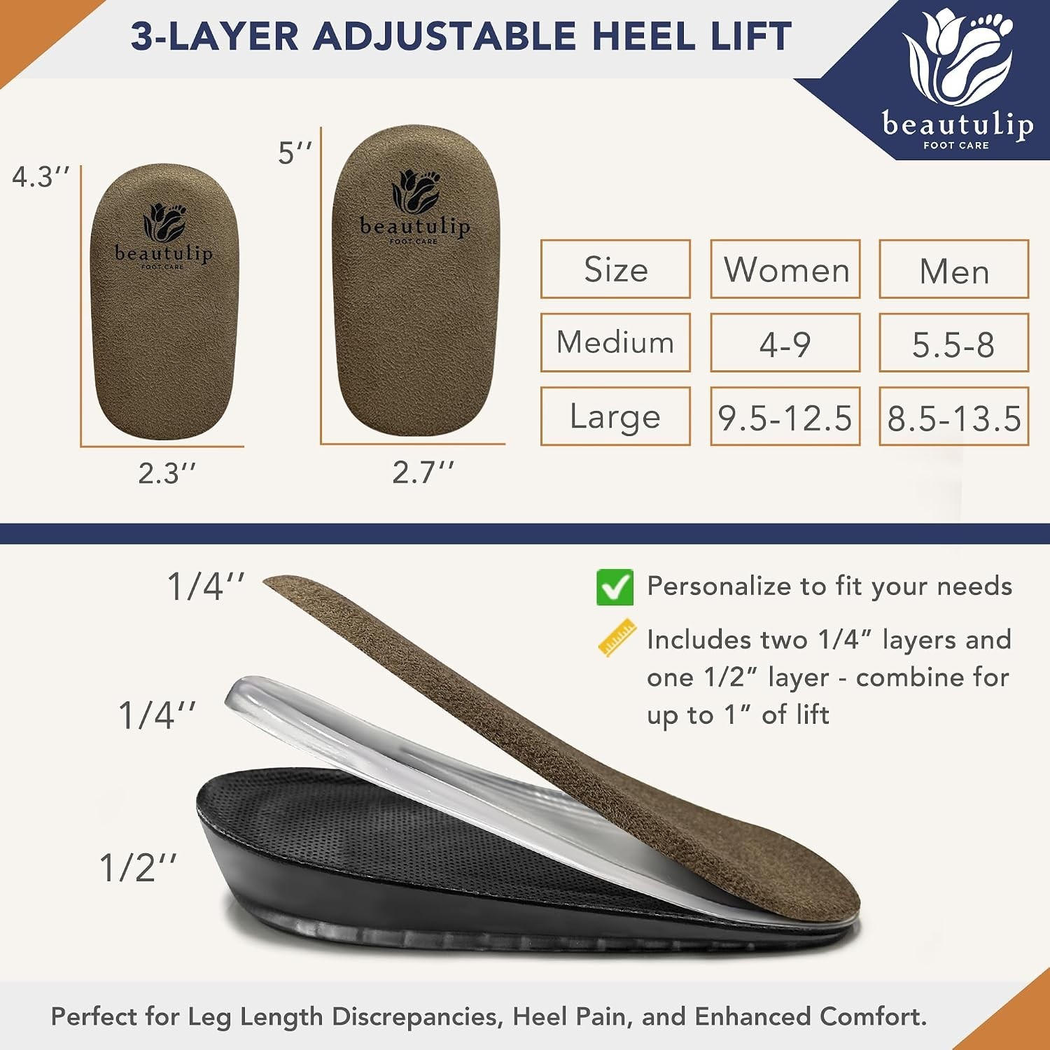 Adjustable Gel Heel Lifts (1 Pair), 1″ Height Increase Insoles with High-Density
