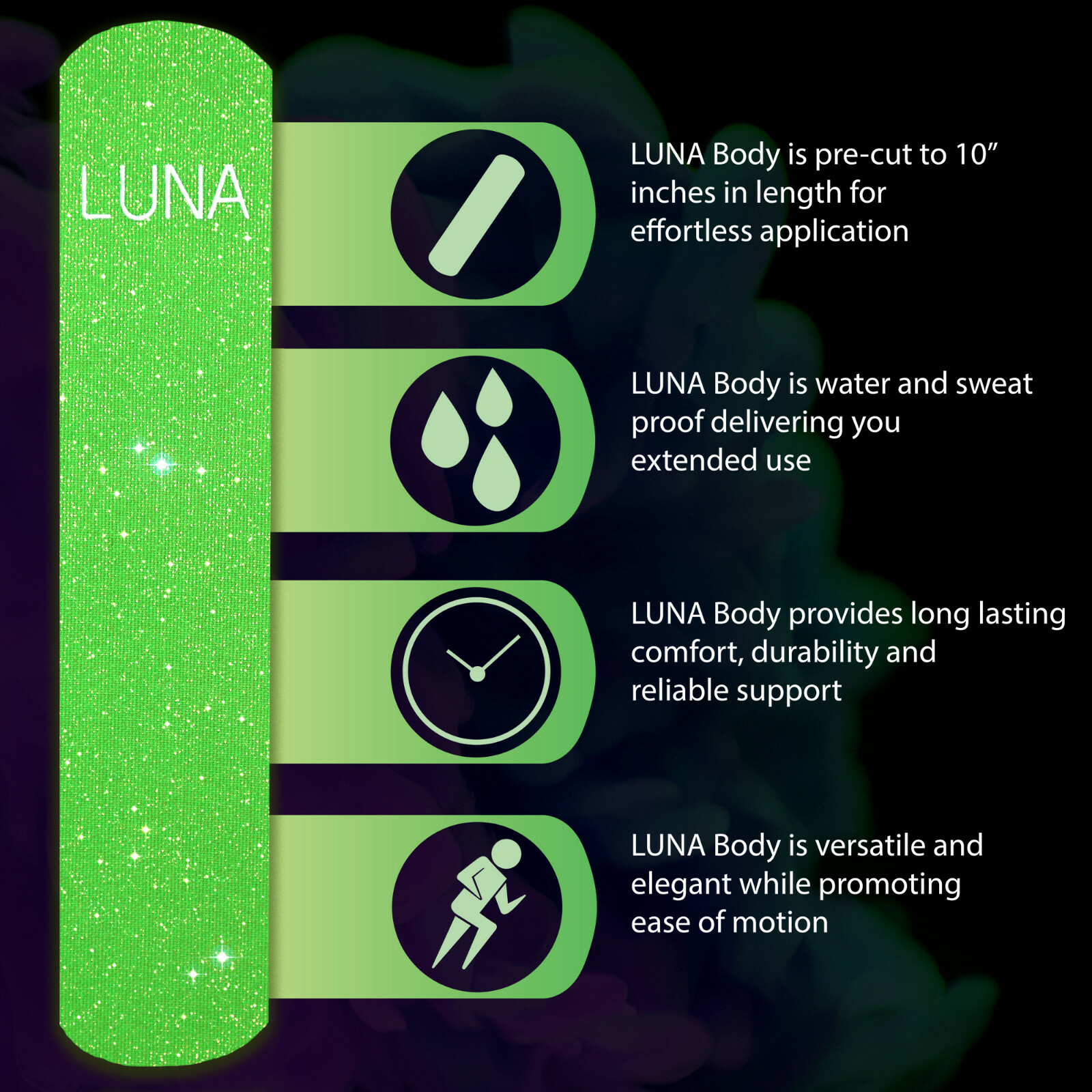 Luna Body Kinesiology Pro Tape Strips (20 Pre-cut Roll, 10″ x 2″, Pixie Dream)