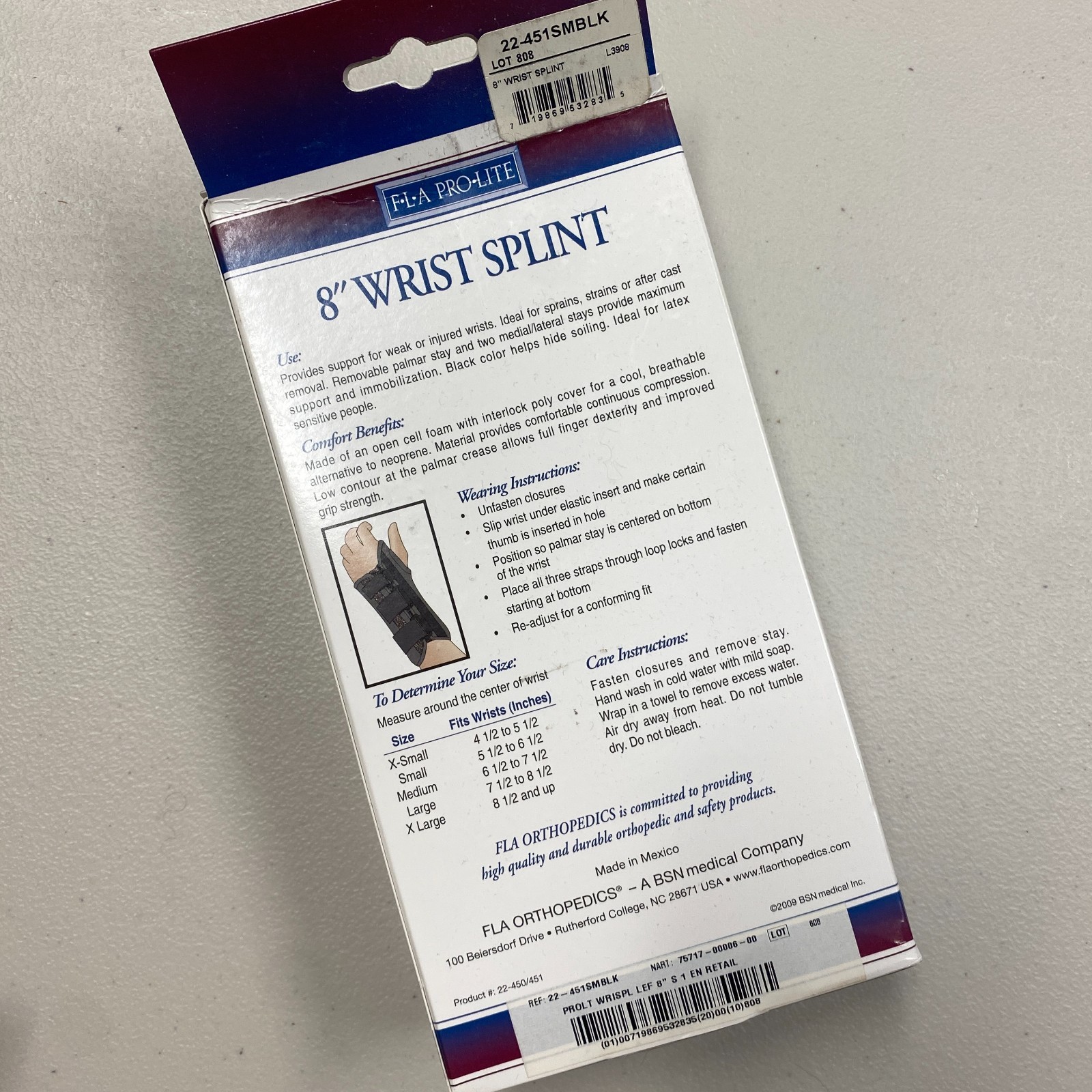 FLA Pro-Lite 8″ Professional Grade Wrist Splint Small Left Hand Black New