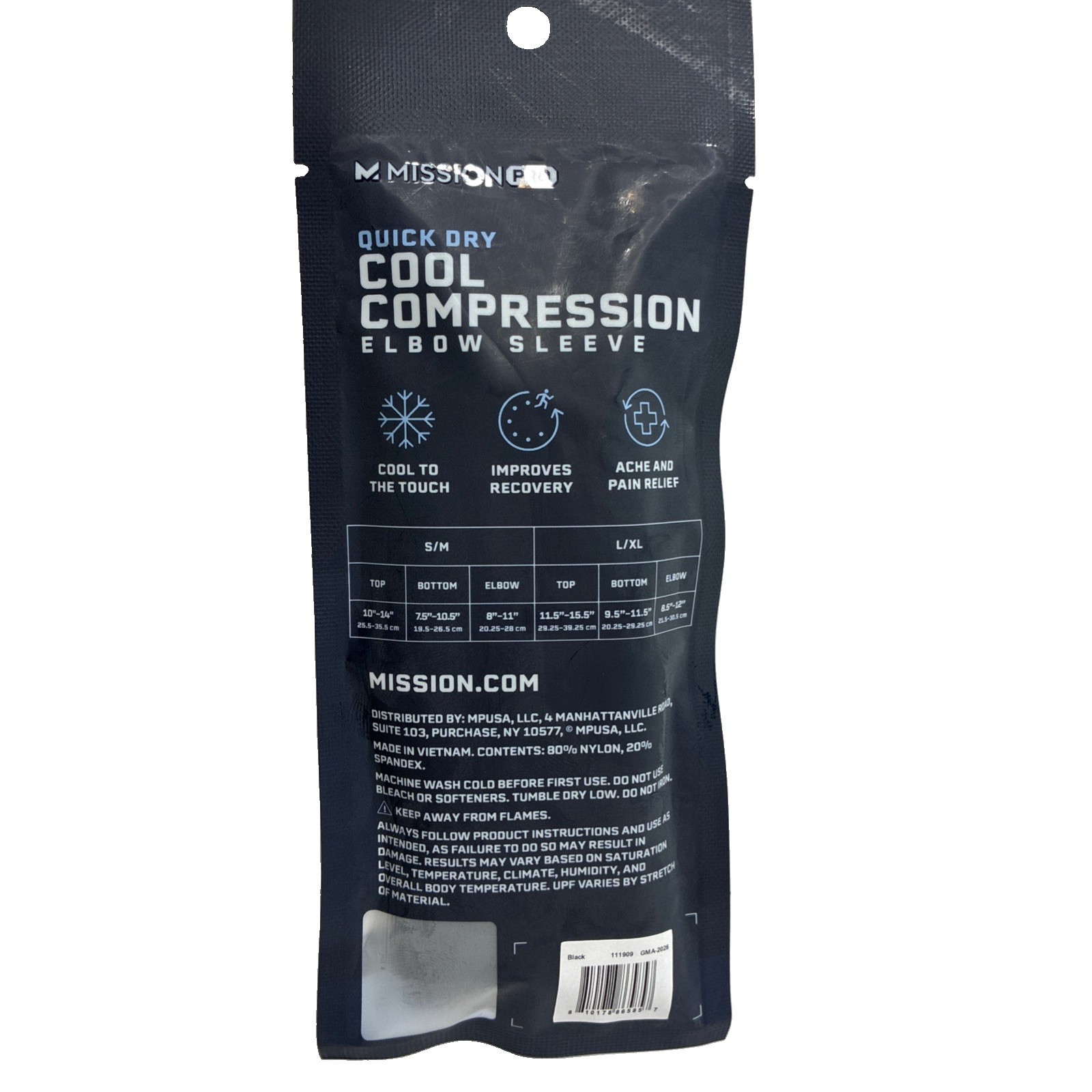 Mission Pro Quick Dry Cooling Compression Elbow Sleeve, Black, Size L/XL