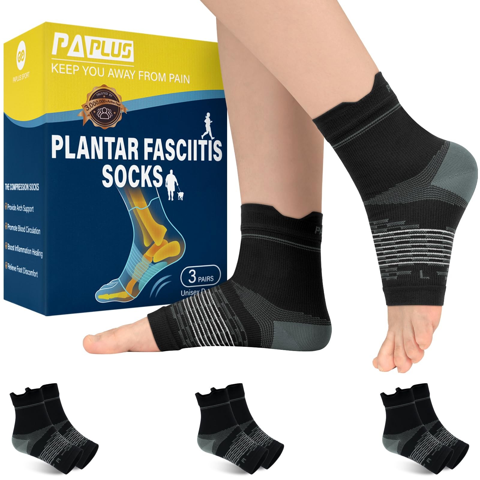 PAPLUS 3 Pairs Ankle Compression Socks Arch Support Sleeve Unisex