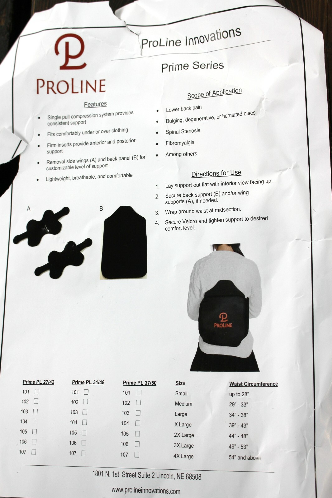 ProLine Innovations Prime Back Brace Support Compression System -Medium #Gw657