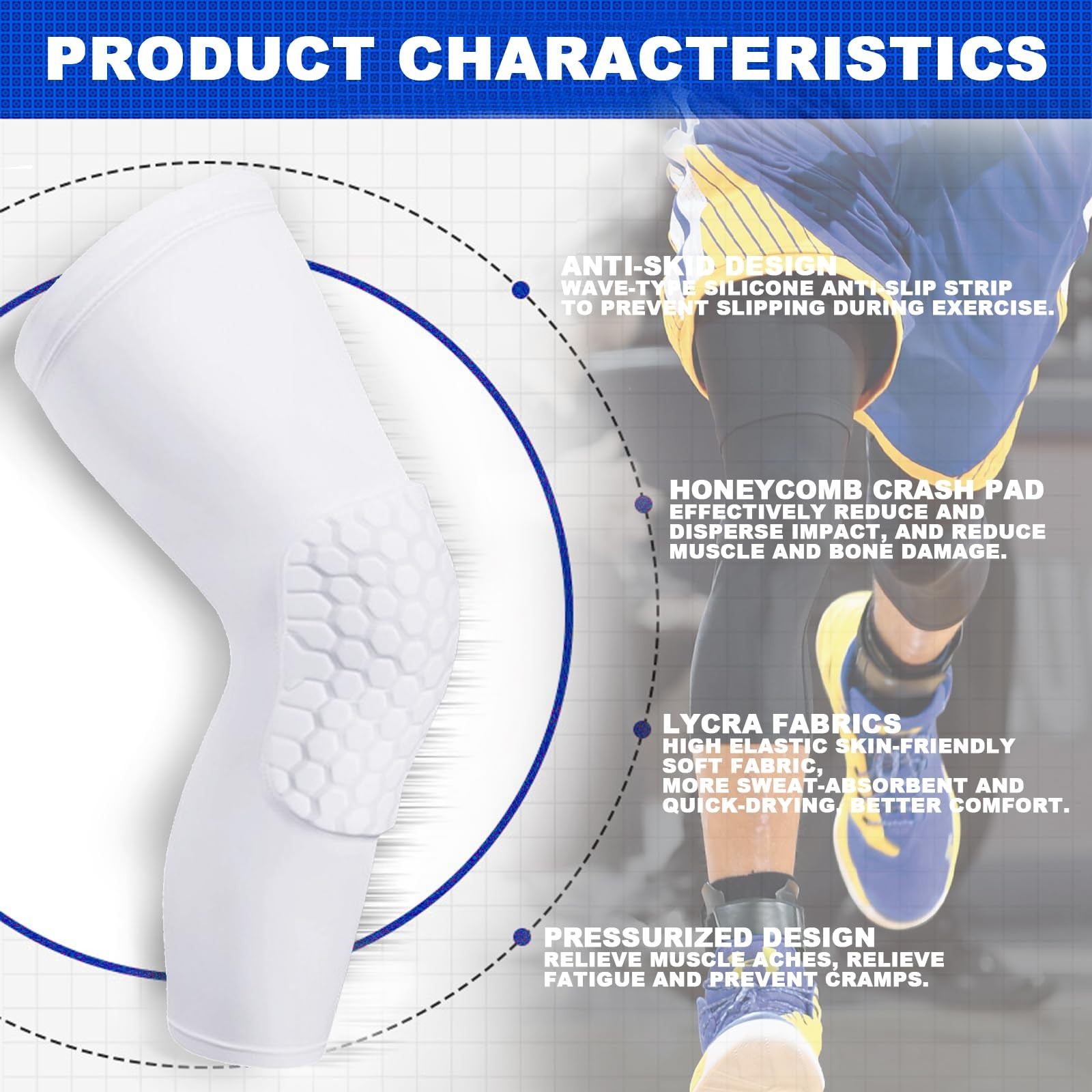 2 PCS White L Knee Compression Sleeve Honeycomb Brace Volleyball Basketball