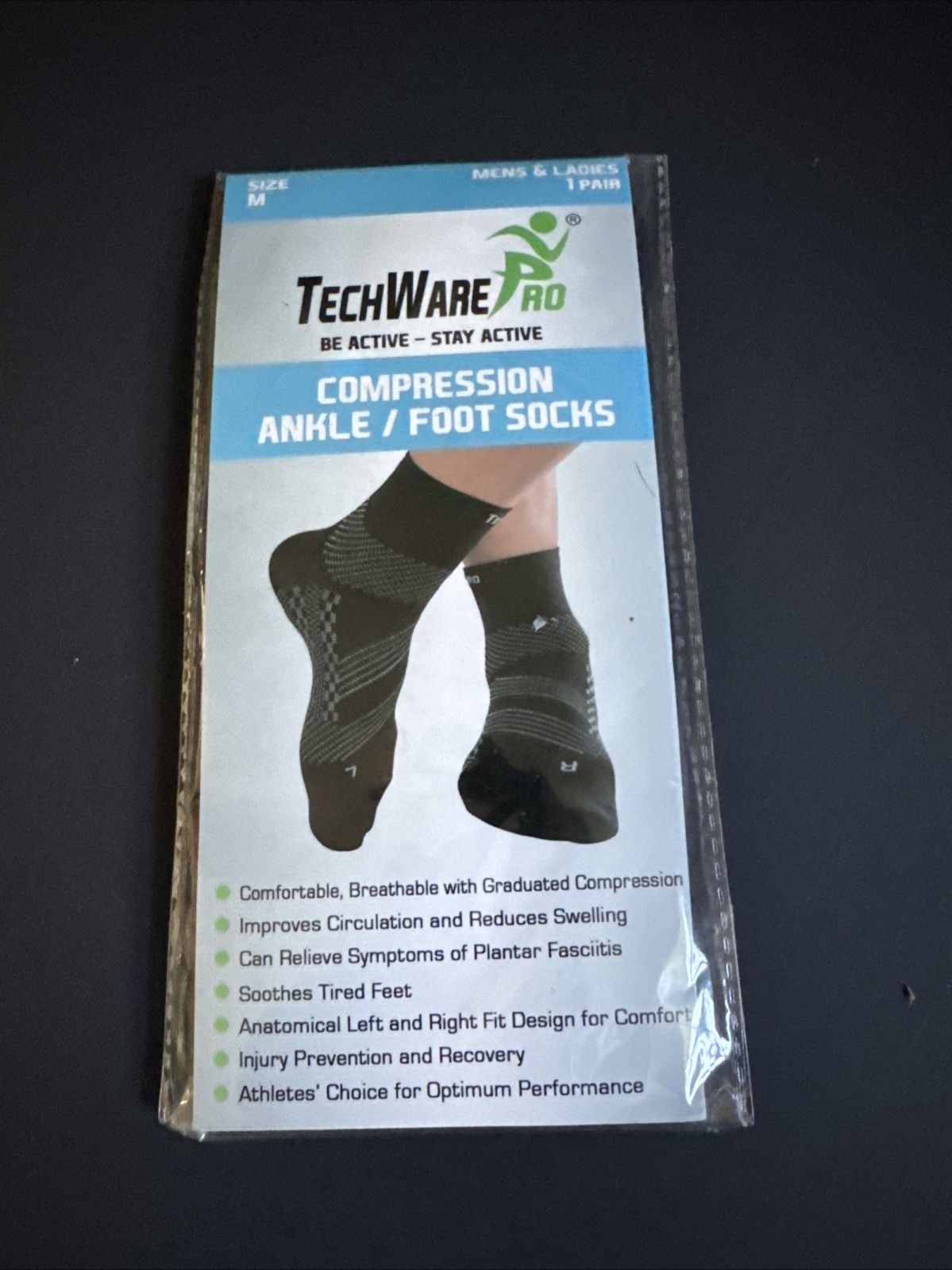 TechWare Pro Compression Ankle/Foot Socks- Size M Unisex; 1 Pair Black/Grey