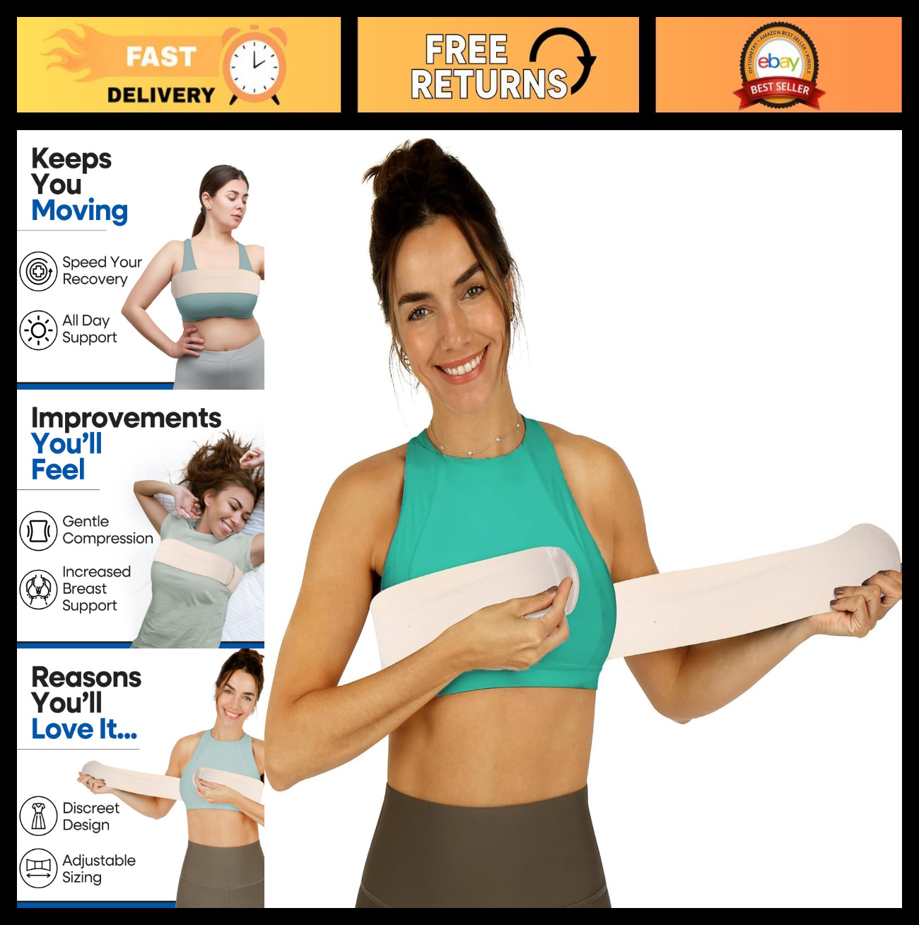Post-Surgery Breast Augmentation Band | Compression Wrap Bra Belt | No Bounce Ch