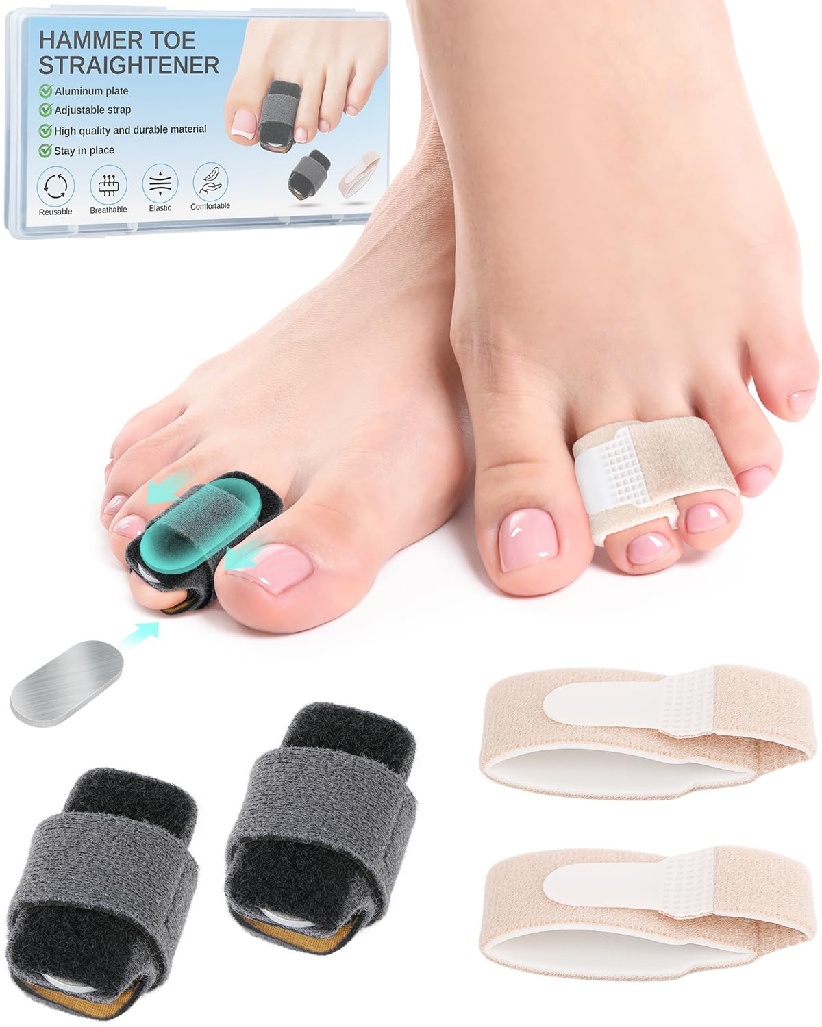 2 Pcs Hammer Toe Straightener with Aluminum Plate Support and 2 Pcs Adjustabl…