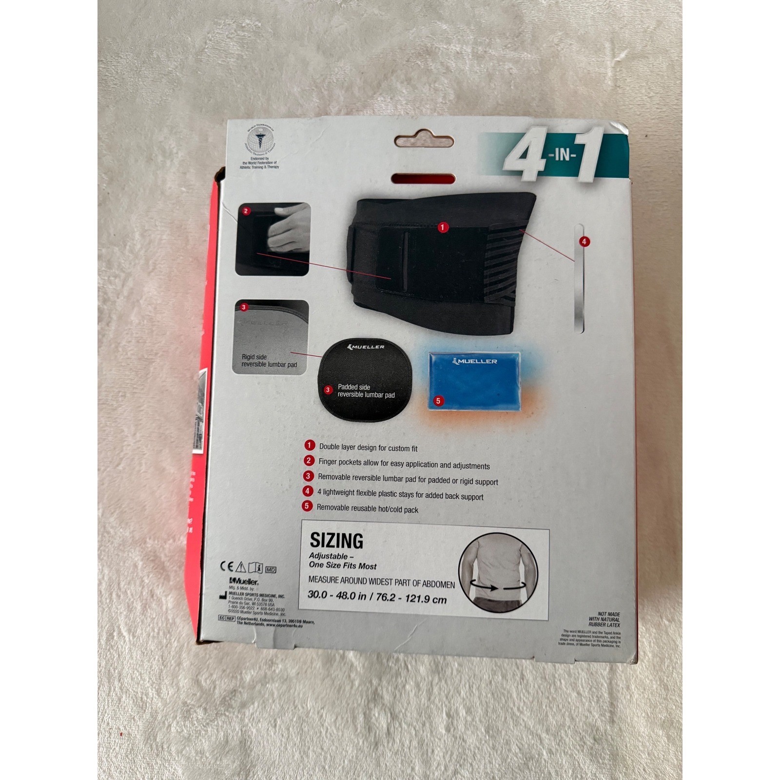 Mueller 4-in-1 Hot/Cold Lumbar Back Brace One Size Fits Most Black 66017