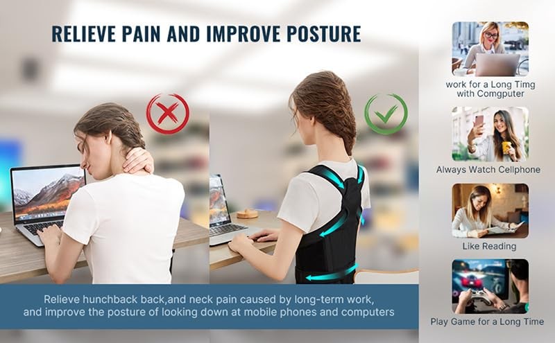 Adjustable Upper Back Posture Corrector Brace for Men & Women – Medium, Black
