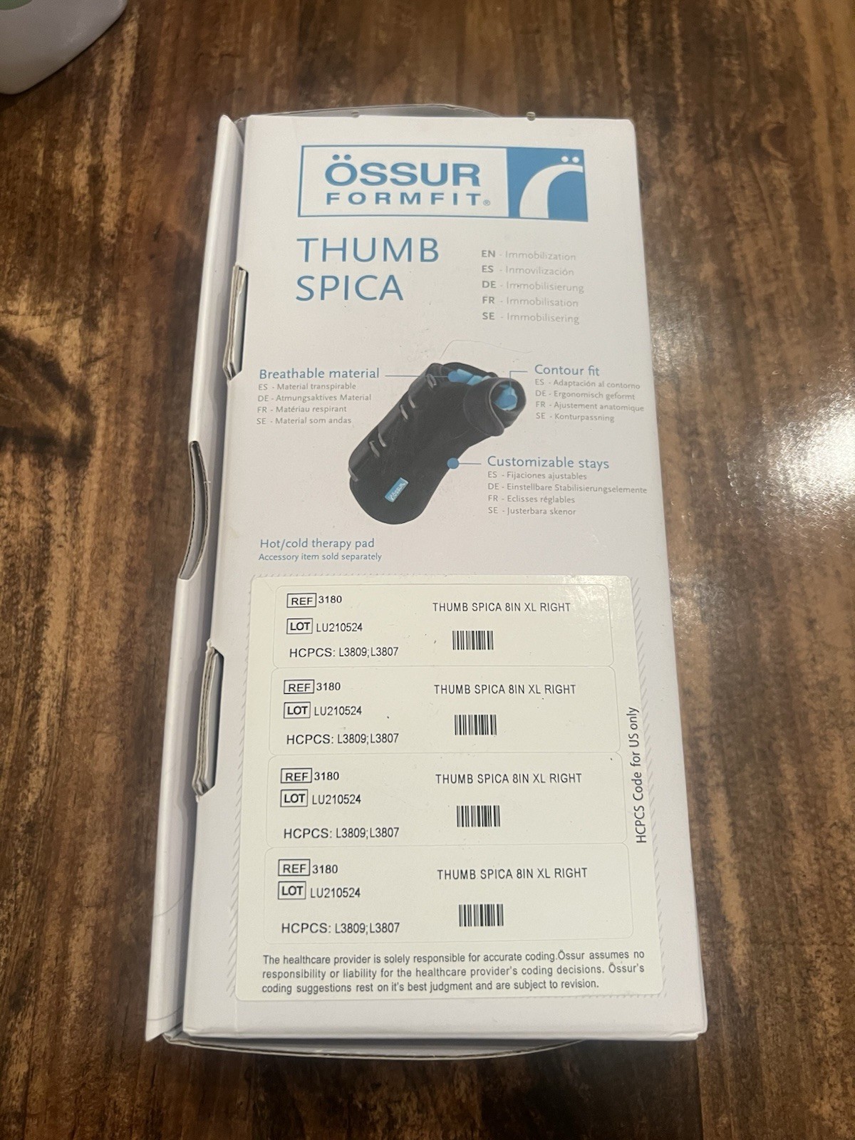 Ossur Formfit Thumb Spica Splint Tendonitis 8 in XL Right 3180