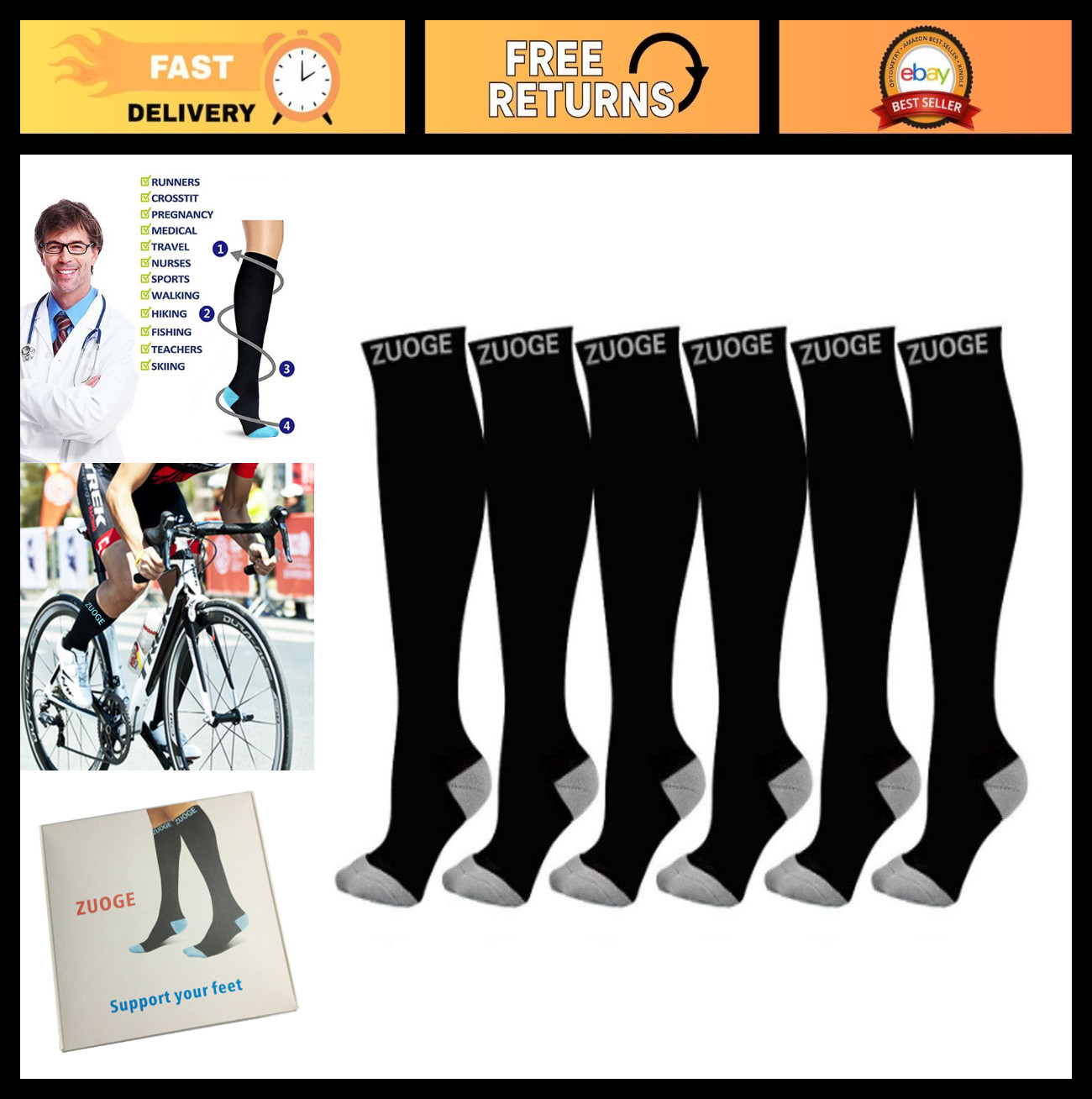 6 Pairs Compression Socks – Medical, Nursing, Travel, Flight & Fitness – 15-20mm