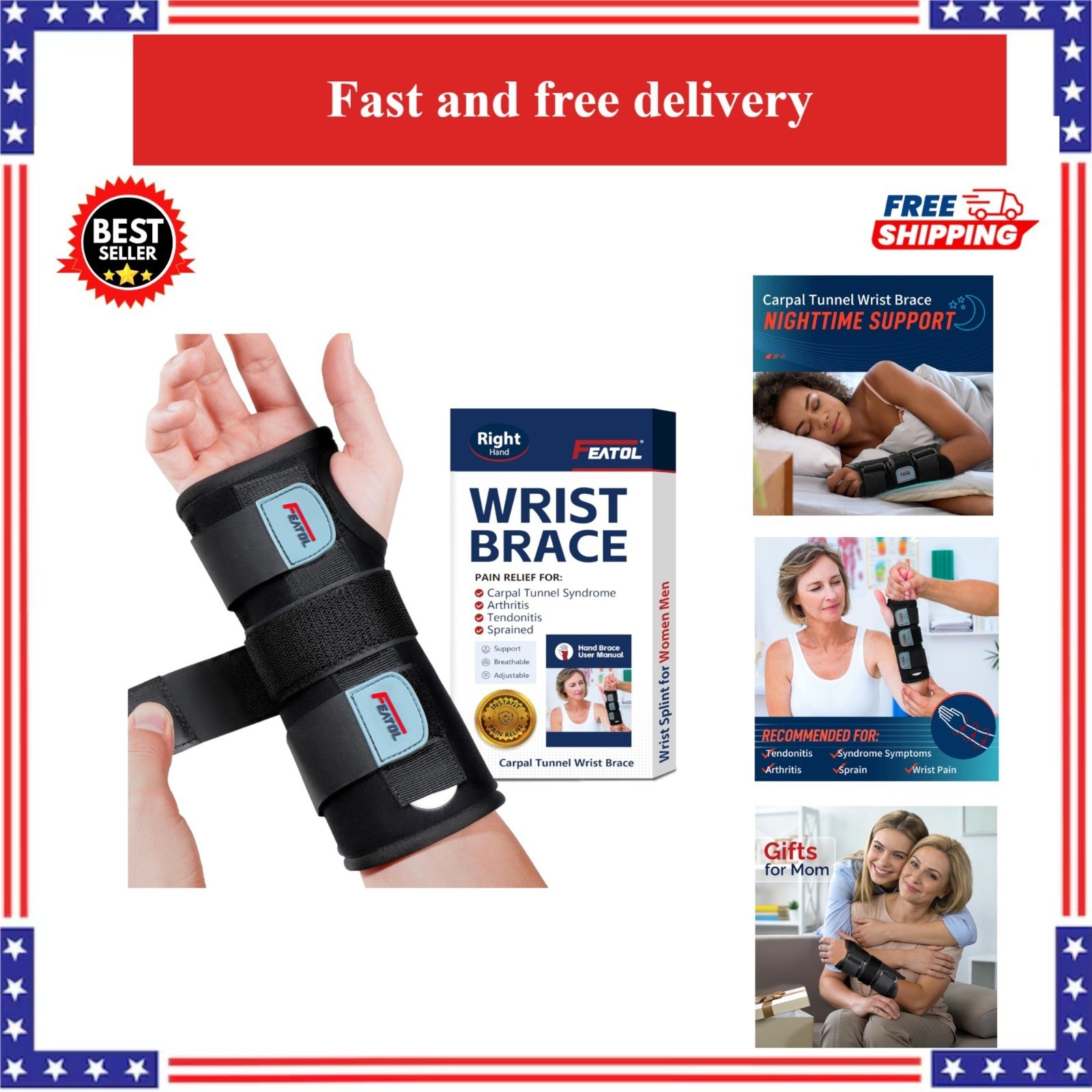 FEATOL Wrist Brace for Carpal Tunnel, Adjustable Splint Support