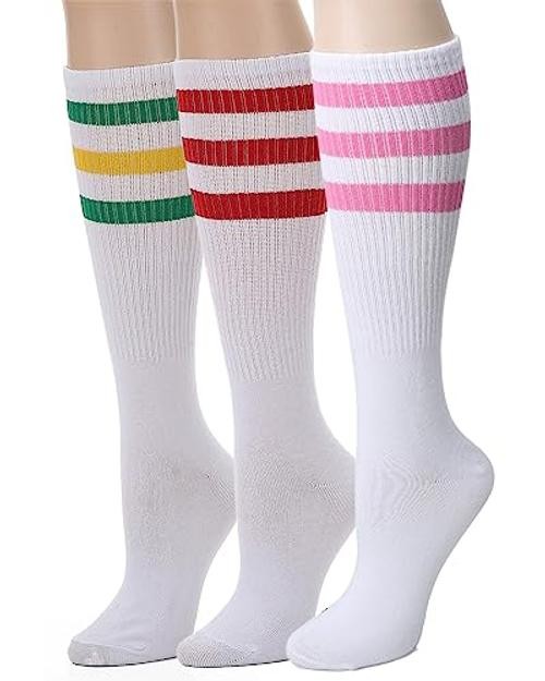 Knee High Tube Socks: Over the Calf One Size C05-3pairs Green Yellow/Pink/Red