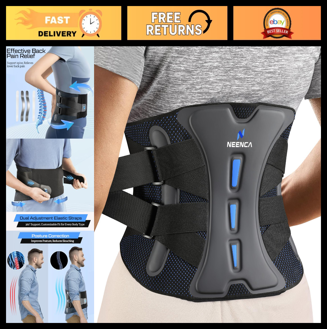 Medical Grade Lower Back Brace for Pain Relief, Lumbar Support Belt, Sciatica, H
