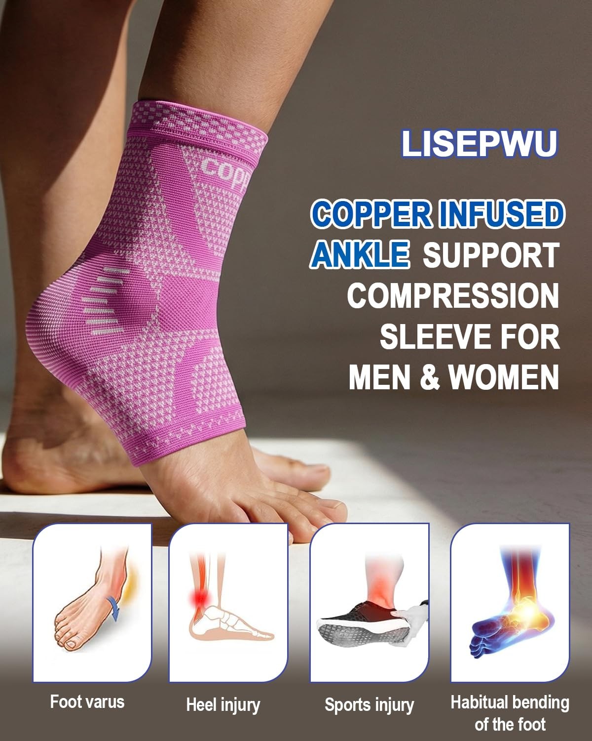 LISEPWU Copper Ankle Brace for Men & Women, Ankle Compression Sleeve 1 Pair
